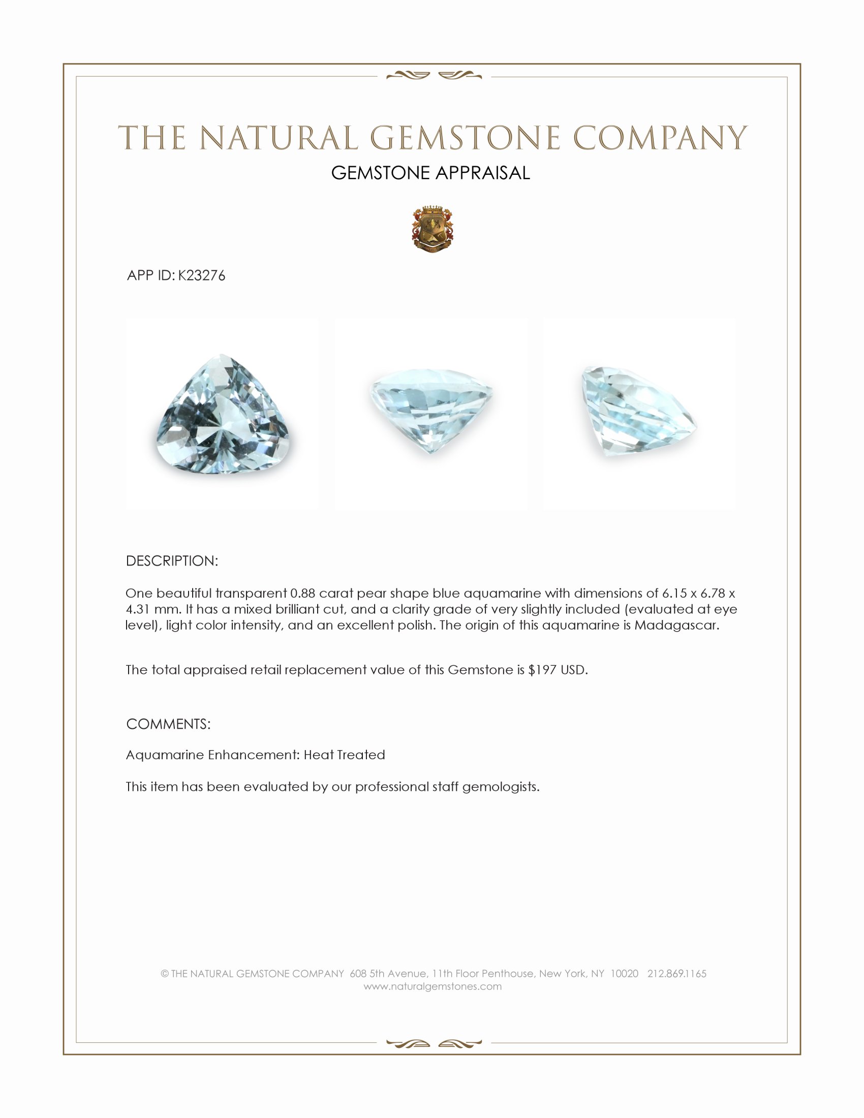 0.88 Ct. Blue Aquamarine from Madagascar