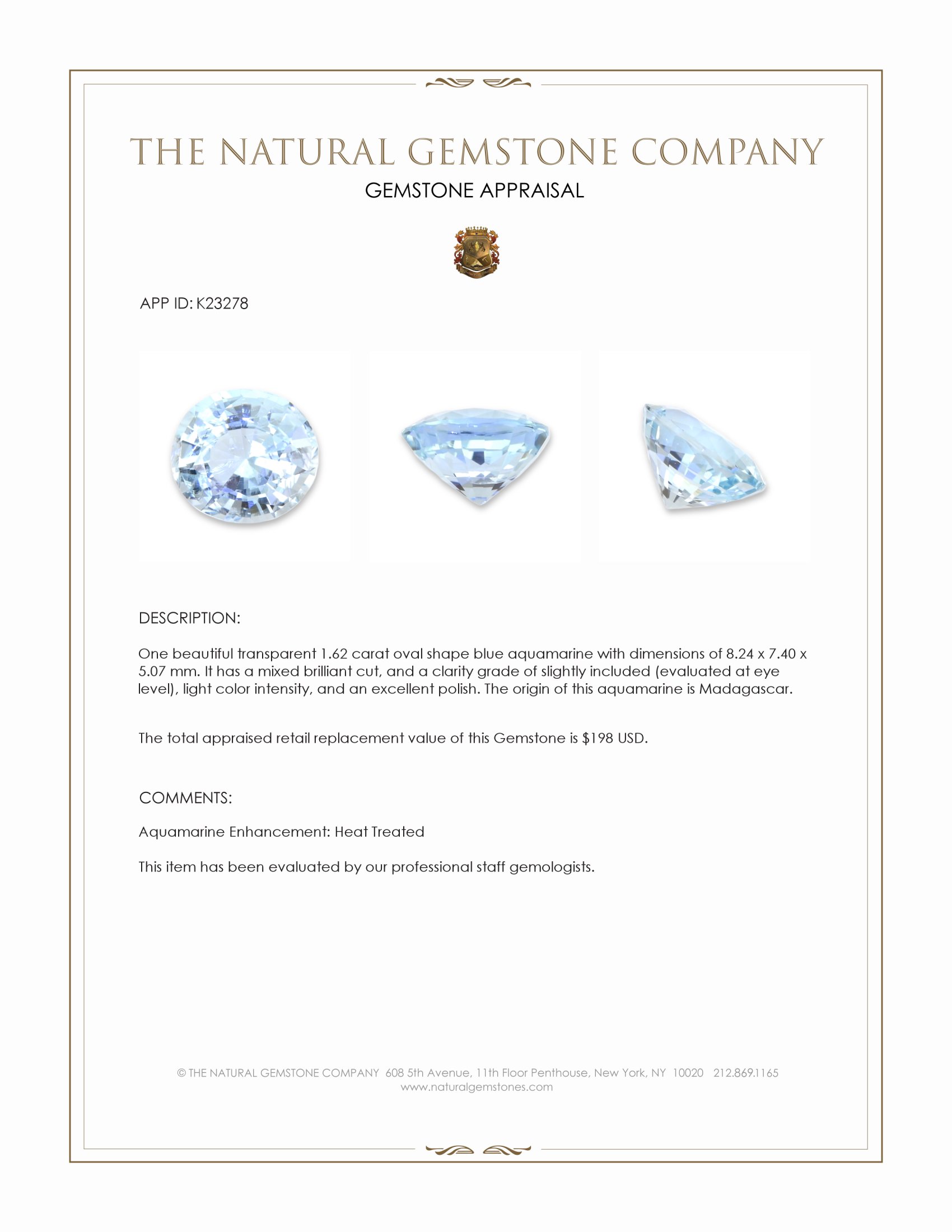 1.62 Ct. Blue Aquamarine from Madagascar