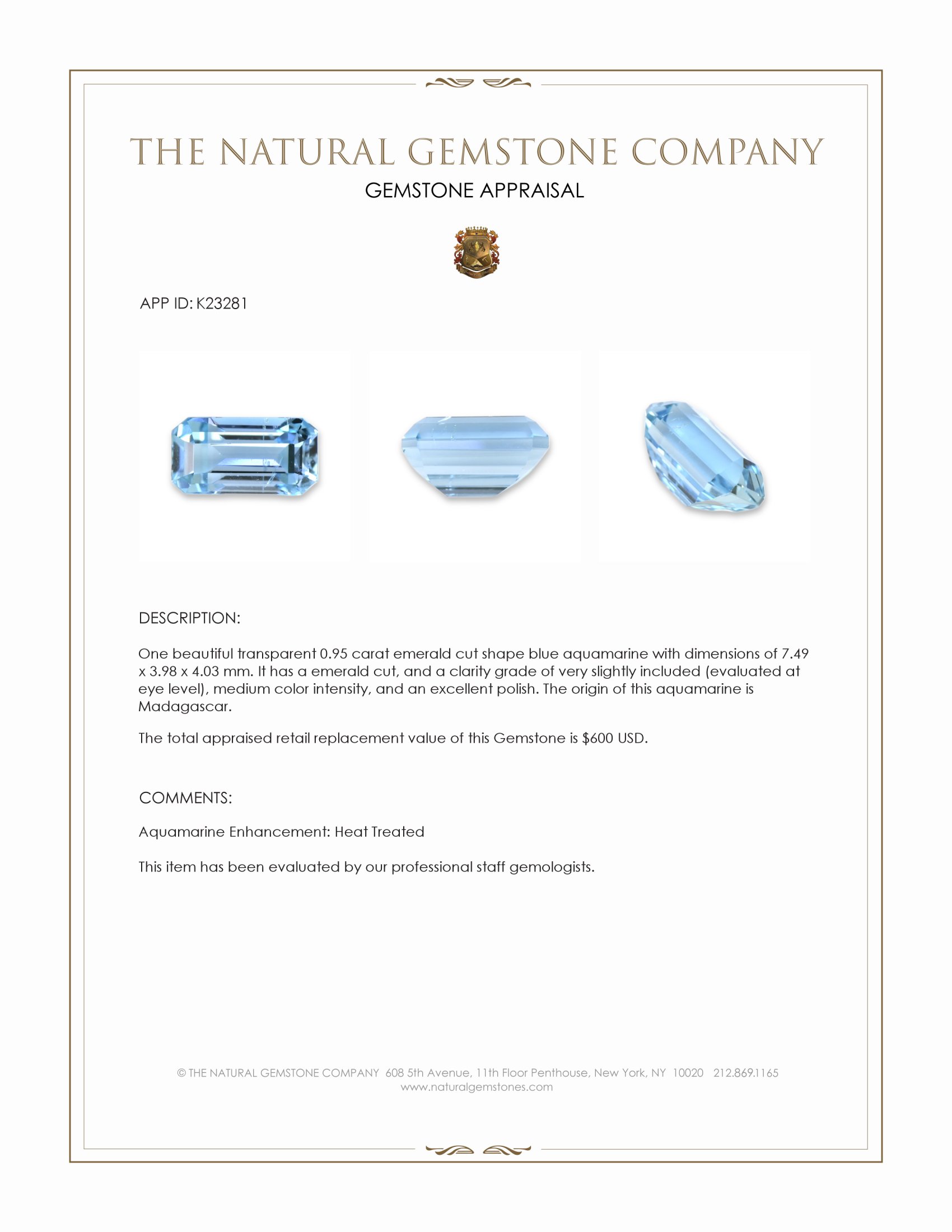 0.95 Ct. Blue Aquamarine from Madagascar
