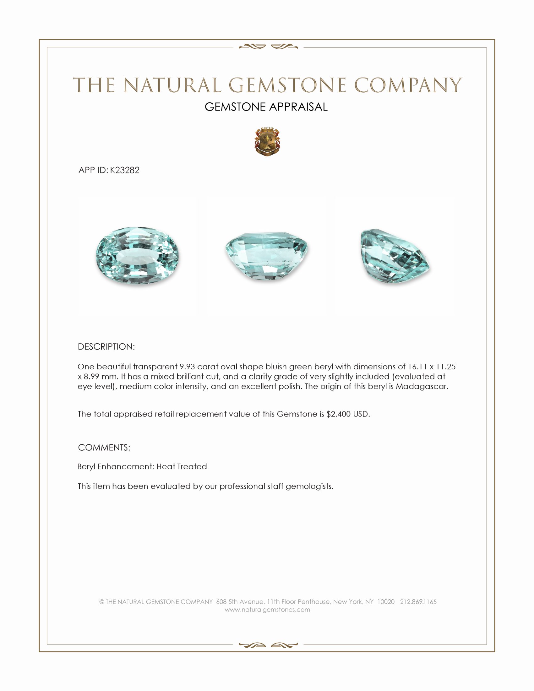 9.93 Ct. Bluish Green Beryl from Madagascar