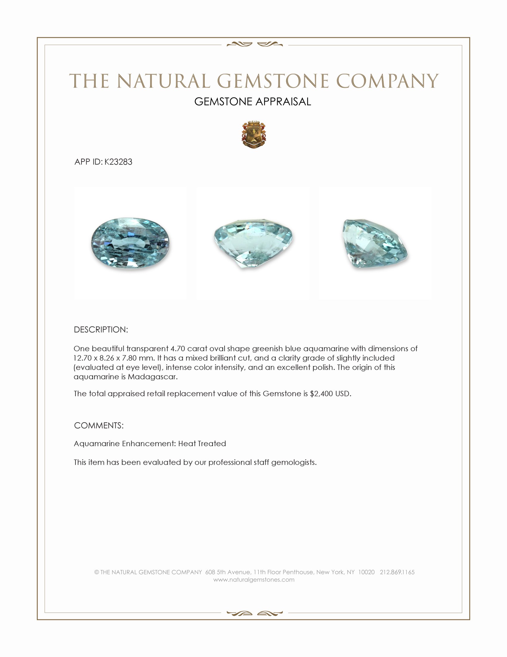 4.70 Ct. Greenish Blue Aquamarine from Madagascar