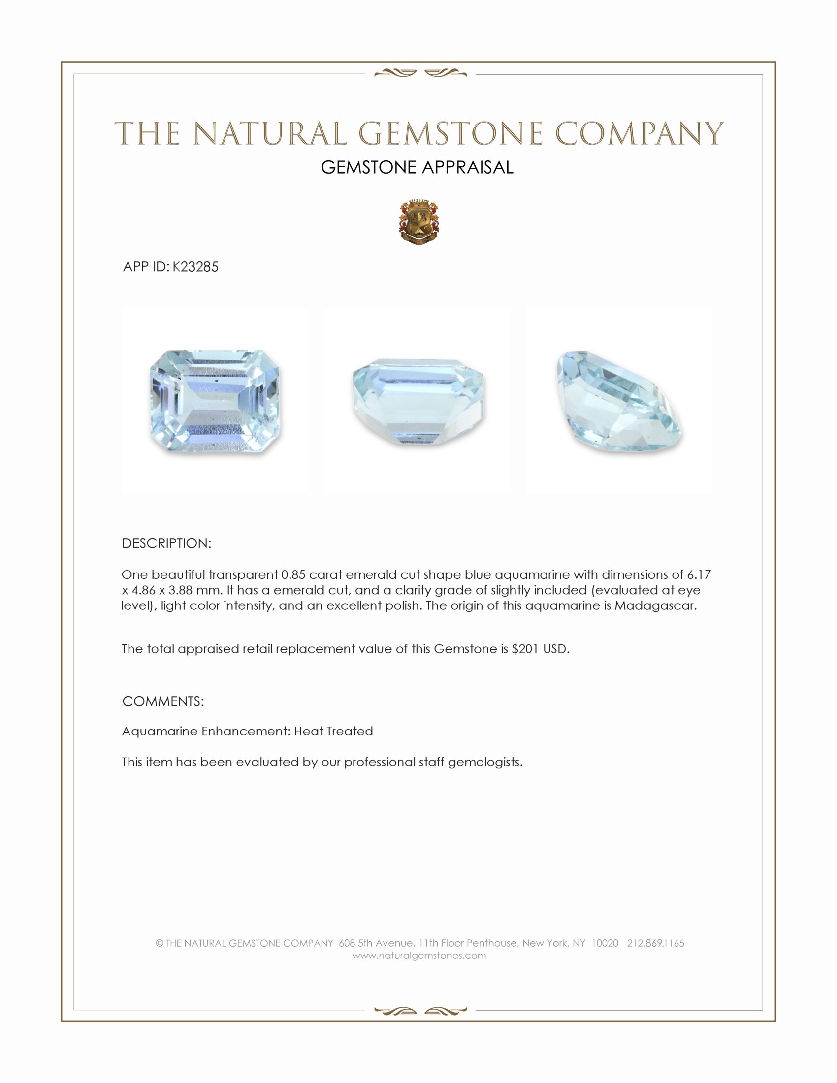 0.85 Ct. Blue Aquamarine from Madagascar