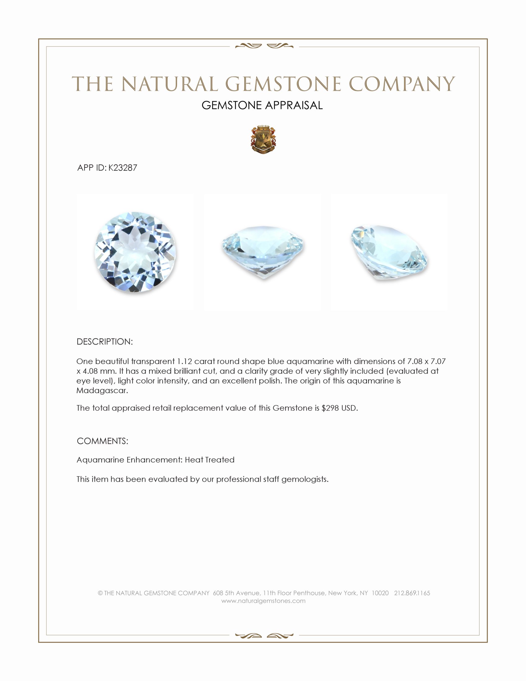 1.12 Ct. Blue Aquamarine from Madagascar