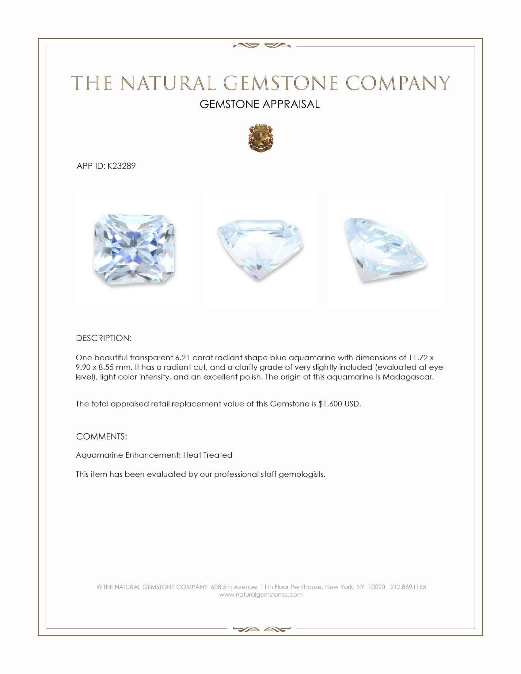 6.21 Ct. Blue Aquamarine from Madagascar