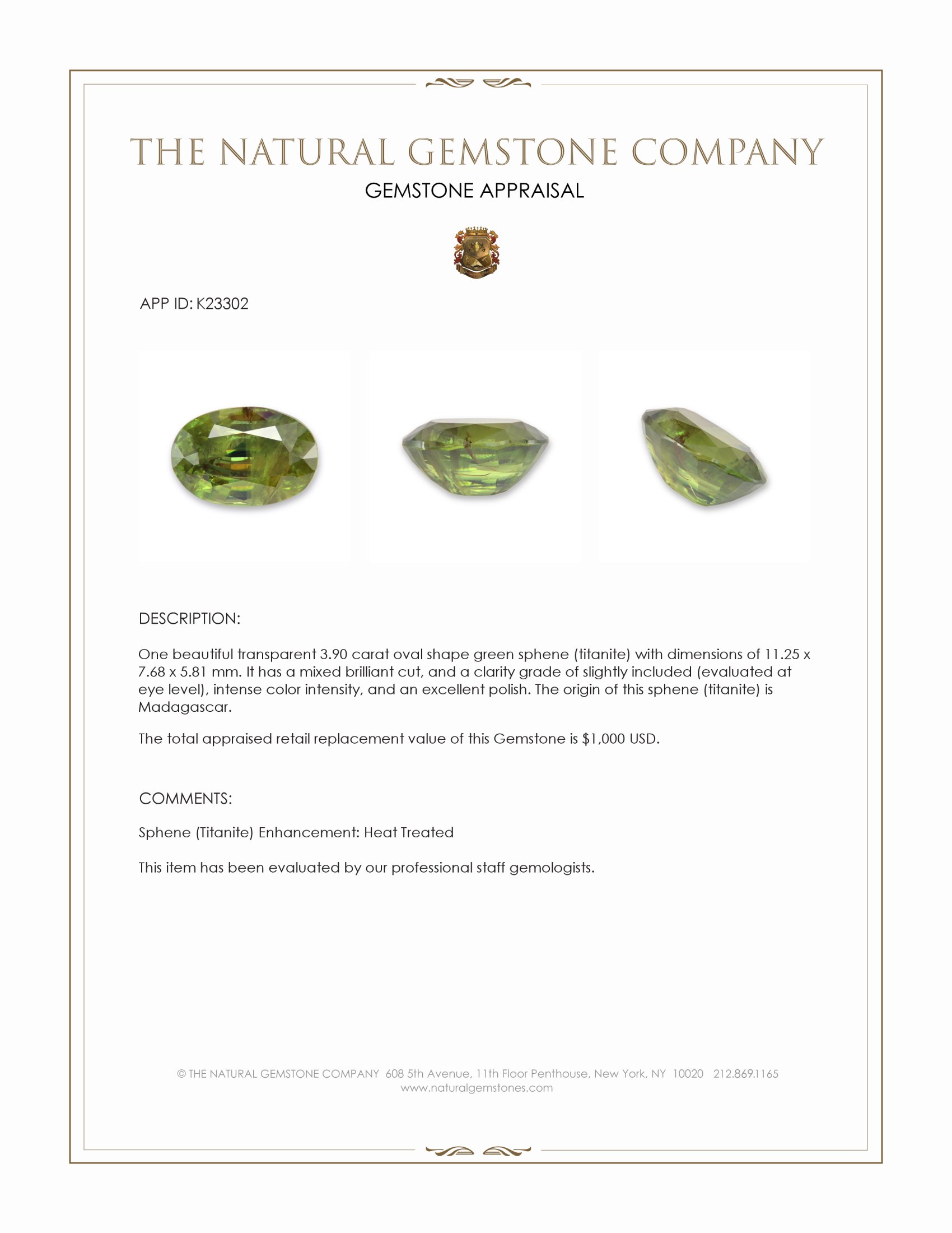 3.90 Ct. Green Sphene (Titanite) from Madagascar