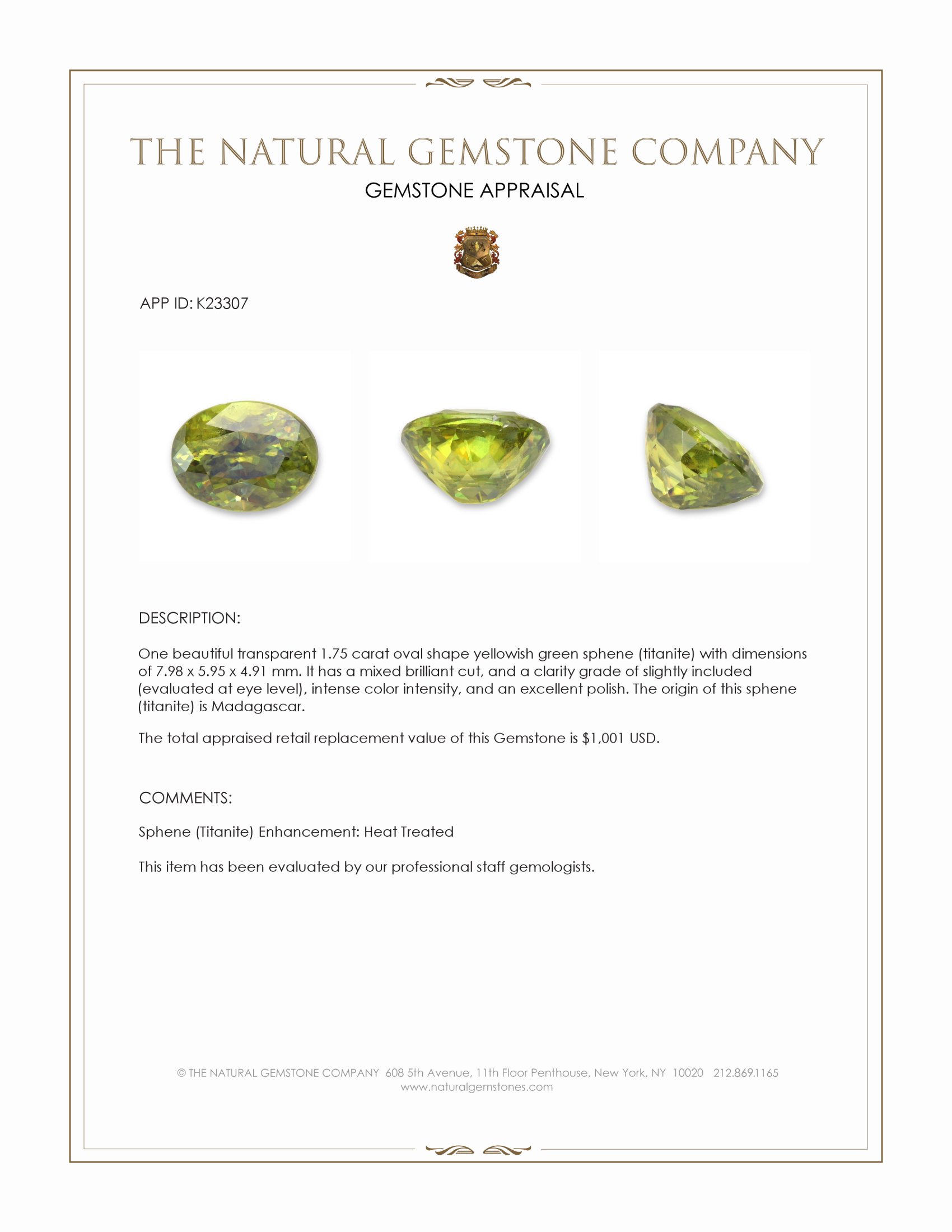 1.75 Ct. Yellowish Green Sphene (Titanite) from Madagascar