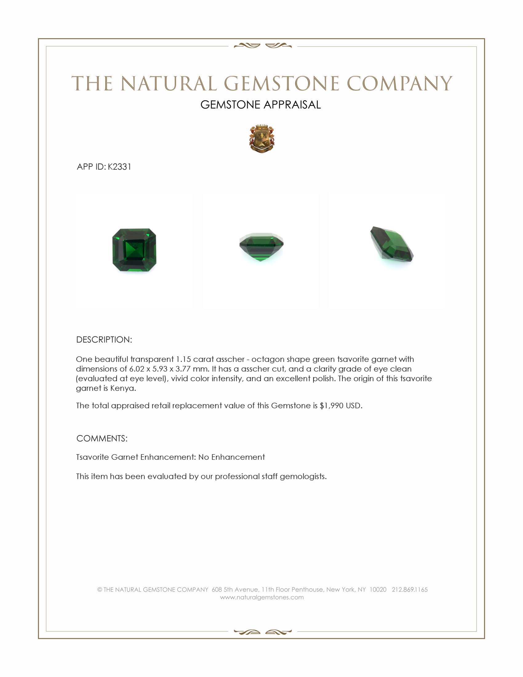 1.15 Ct. Tsavorite Garnet from Kenya