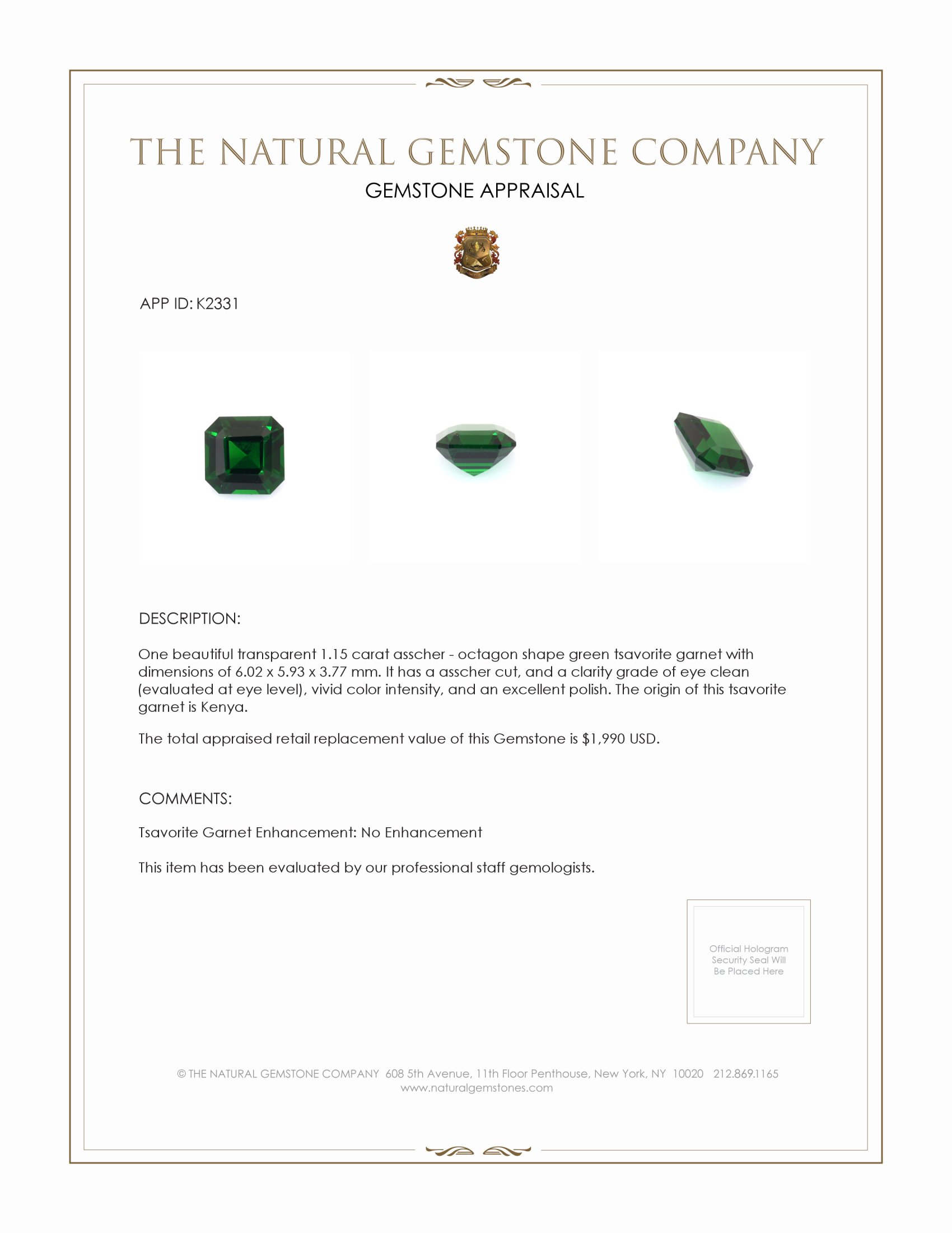 1.15 Ct. Tsavorite Garnet from Kenya