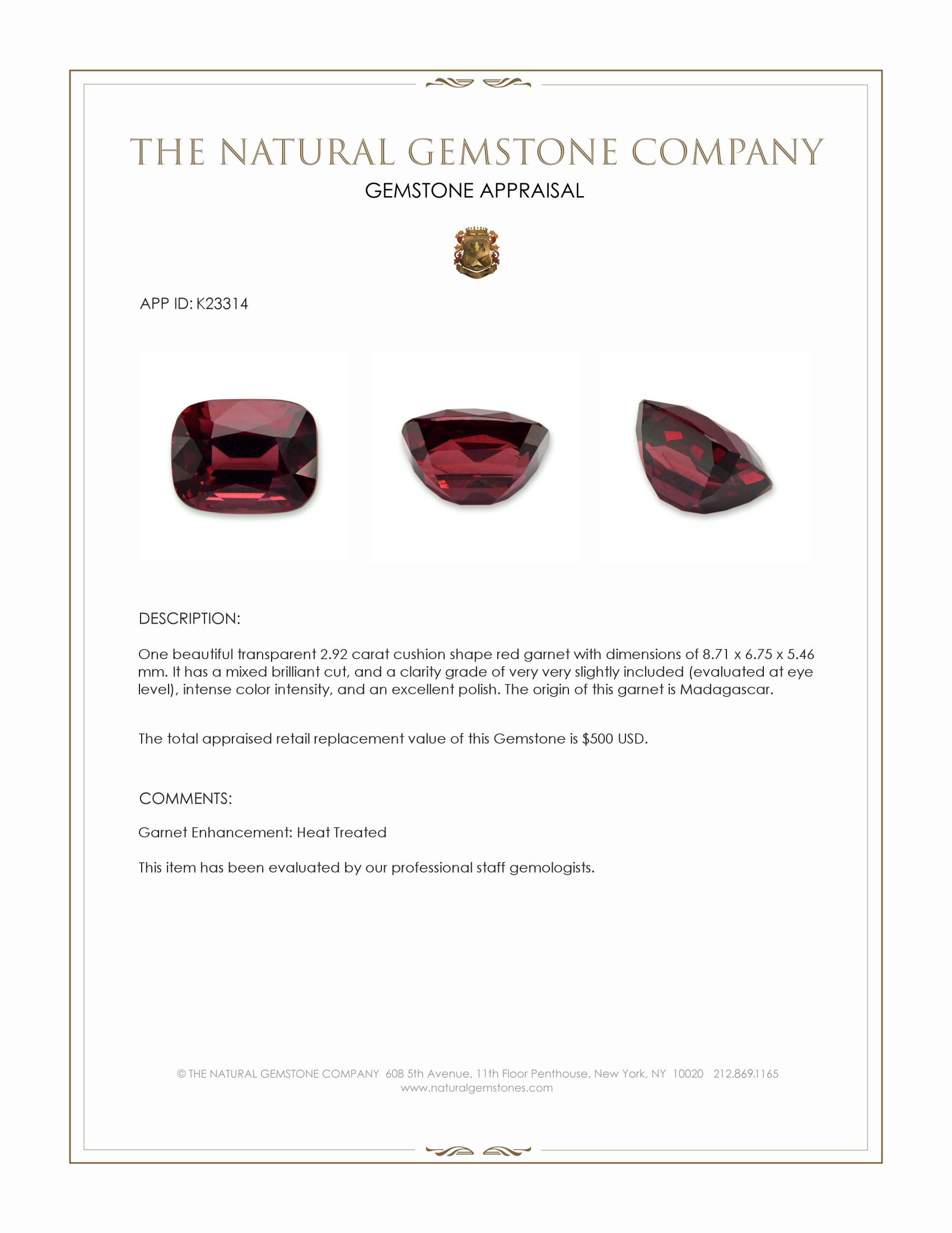 2.92 Ct. Red Garnet from Madagascar