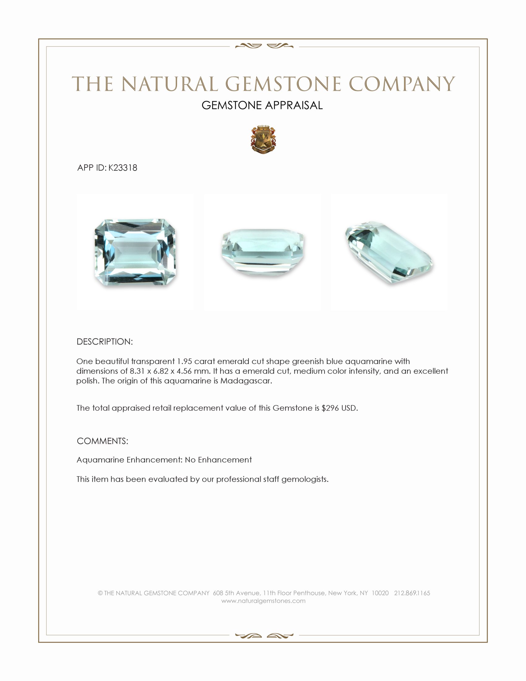 1.95 Ct. Greenish Blue Aquamarine from Madagascar