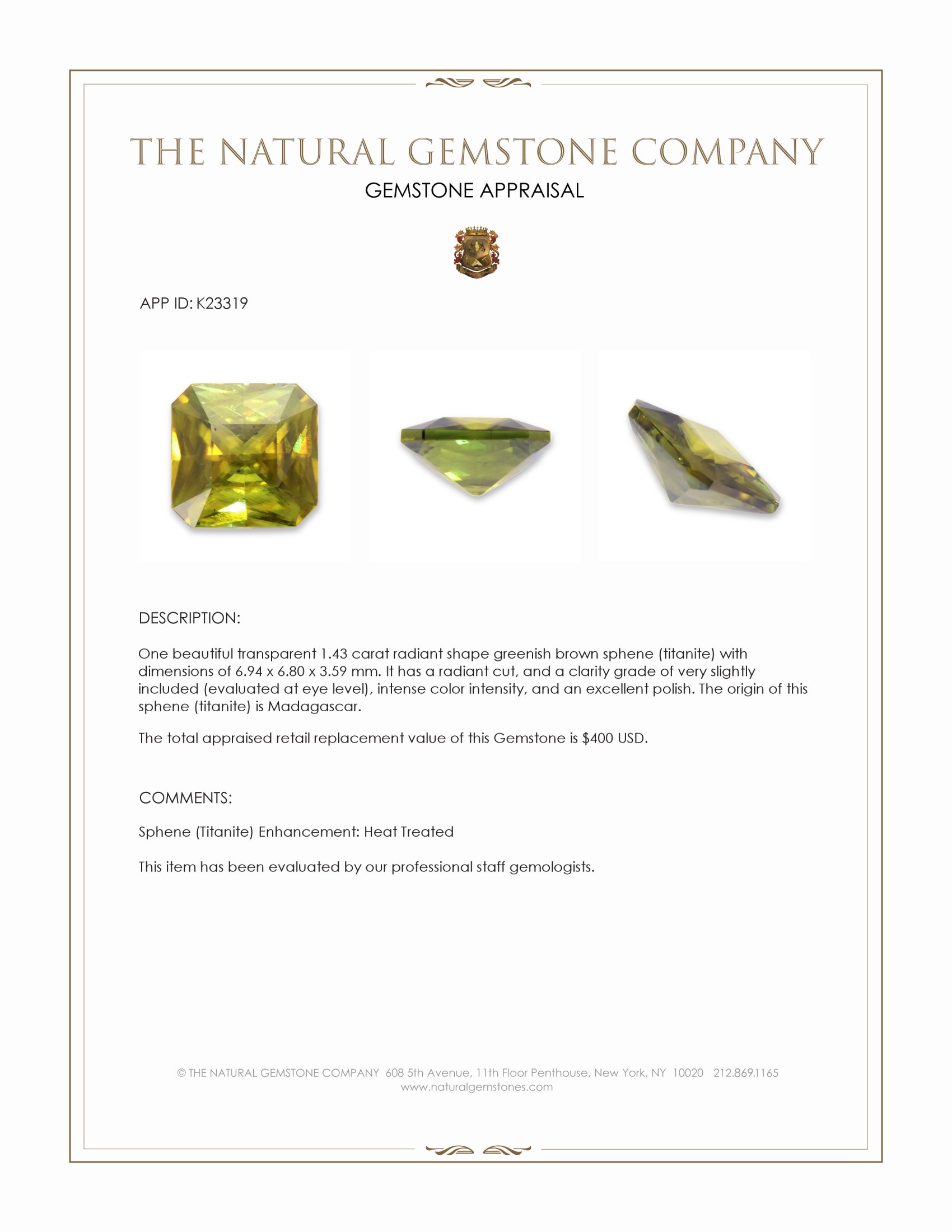 1.43 Ct. Greenish Brown Sphene (Titanite) from Madagascar
