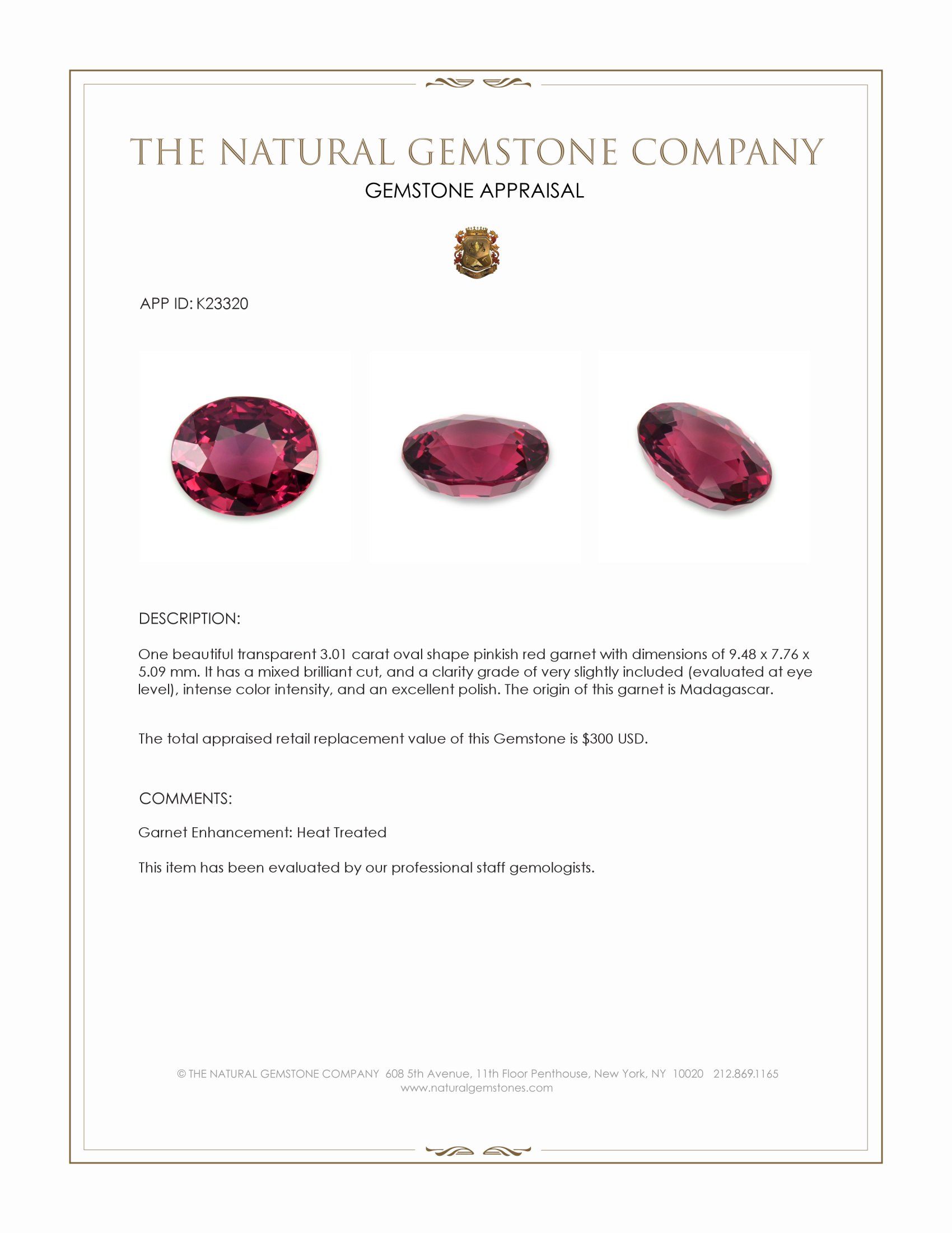 3.01 Ct. Pinkish Red Garnet from Madagascar