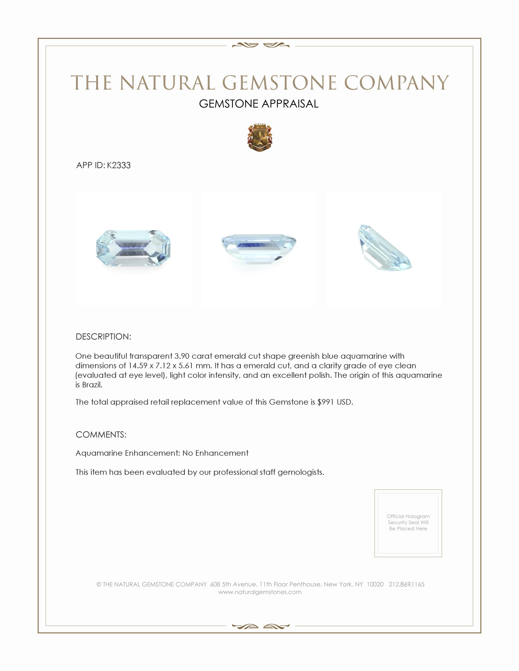 3.90 Ct. Aquamarine from Brazil