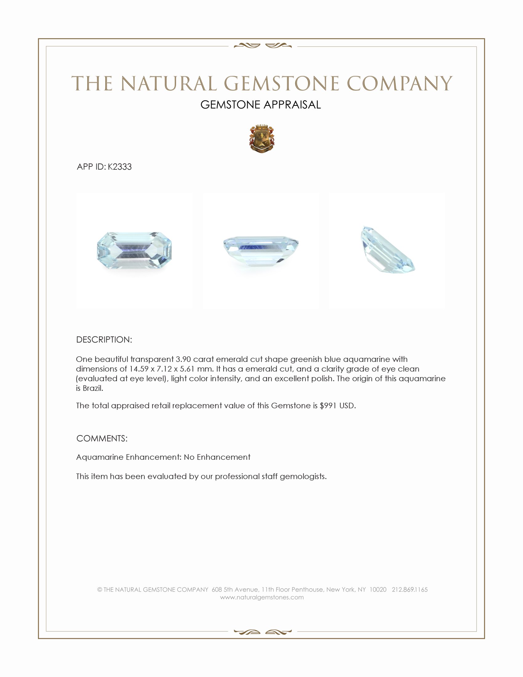 3.90 Ct. Greenish Blue Aquamarine from Brazil