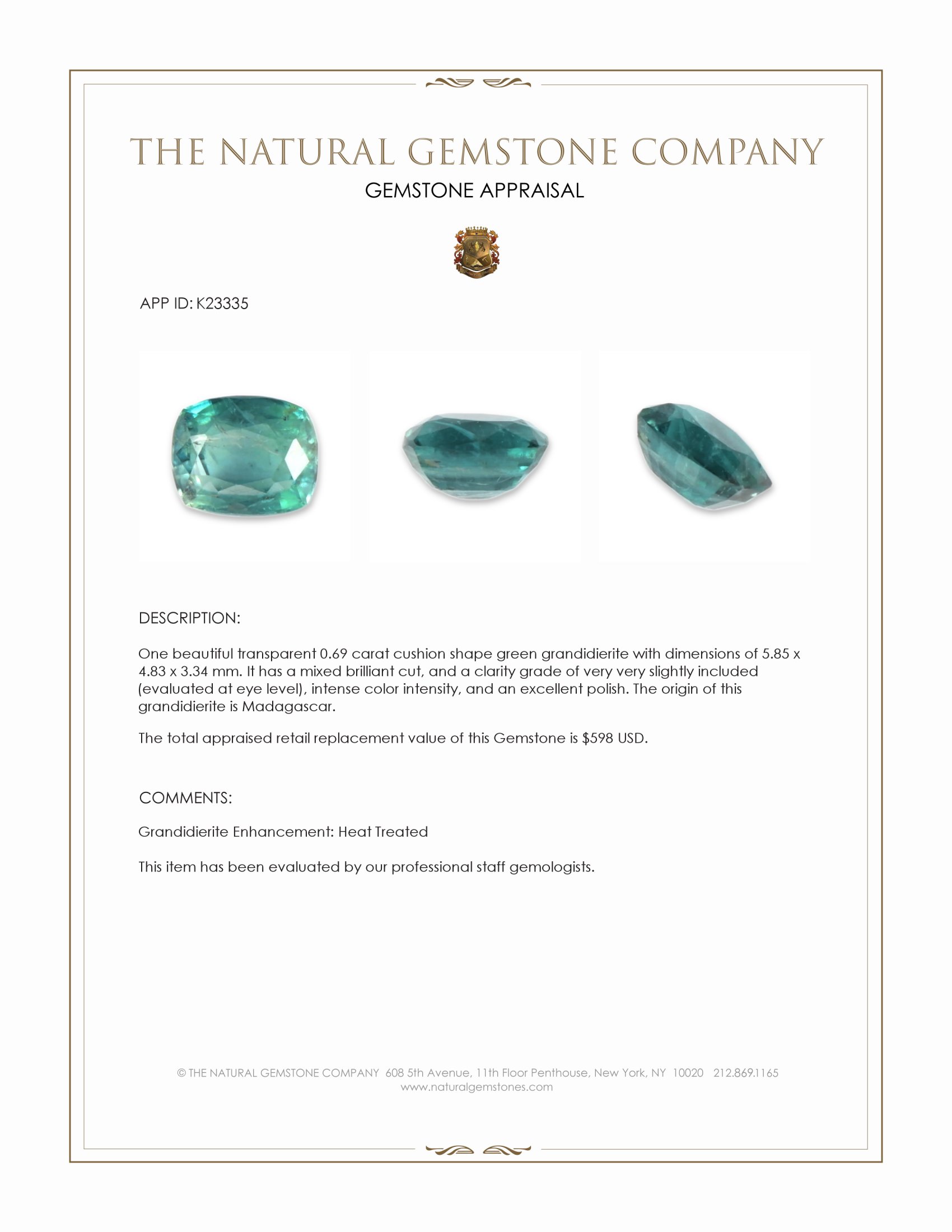0.69 Ct. Green Grandidierite from Madagascar