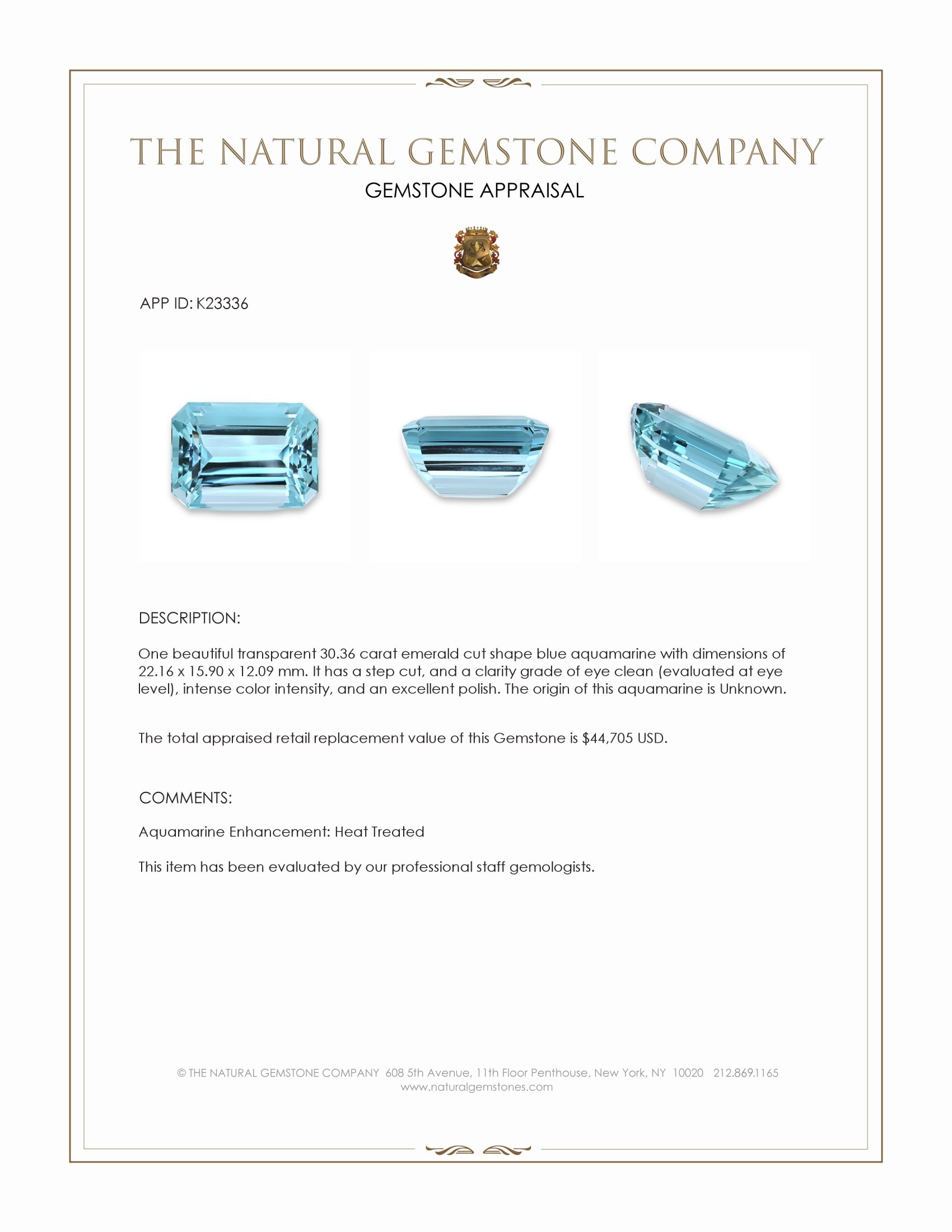 30.36 Ct. Aquamarine from Brazil