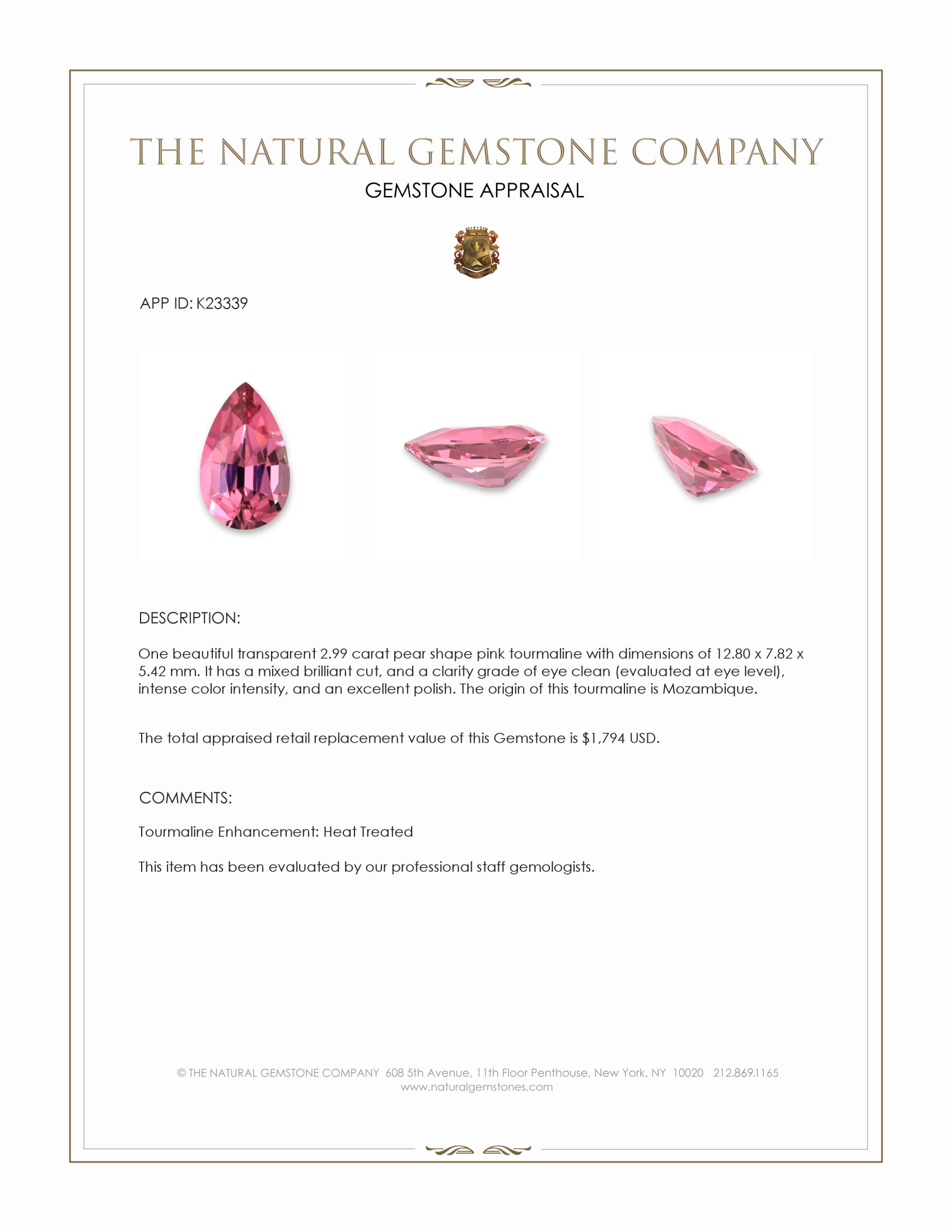 2.99 Ct. Pink Tourmaline from Mozambique