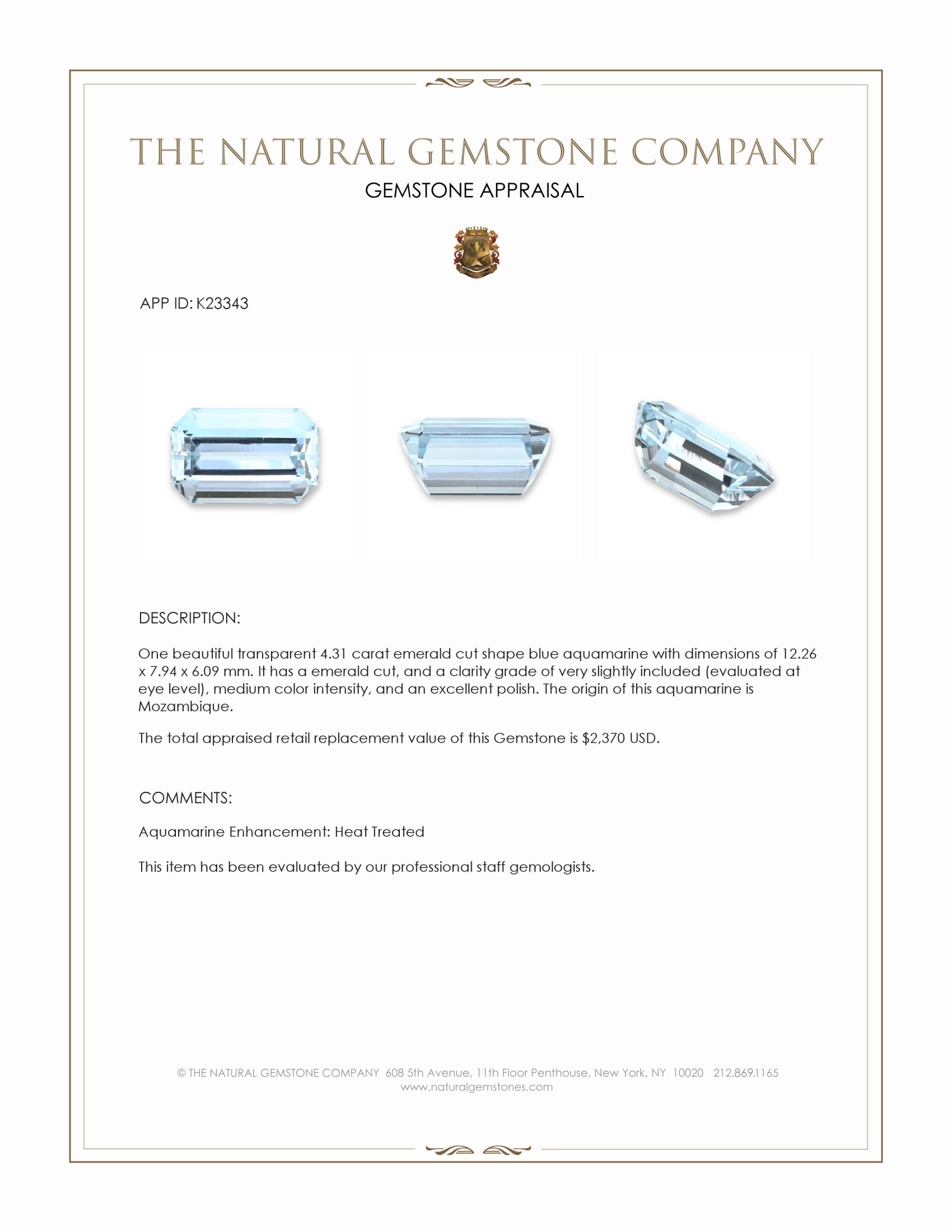 4.31 Ct. Blue Aquamarine from Mozambique