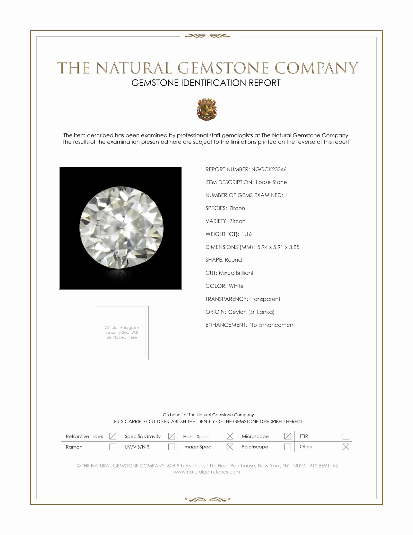 1.16 Ct. White Zircon from Ceylon (Sri Lanka)
