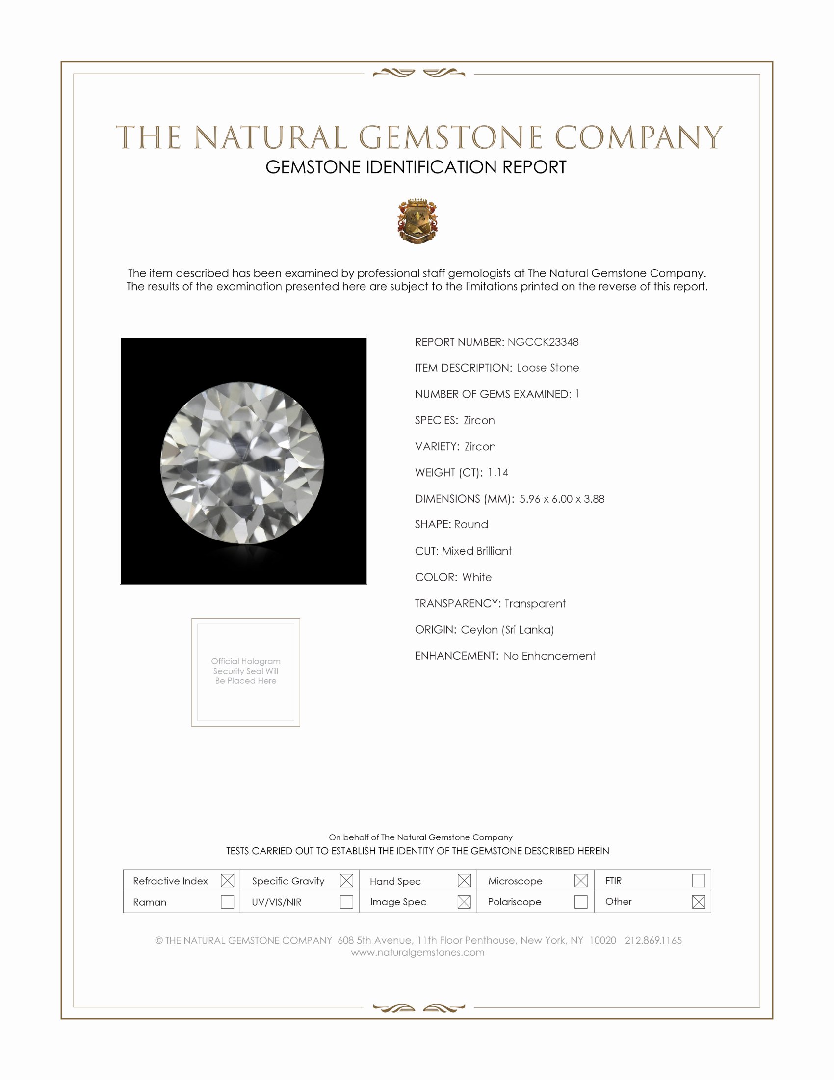 1.14 Ct. White Zircon from Ceylon (Sri Lanka)