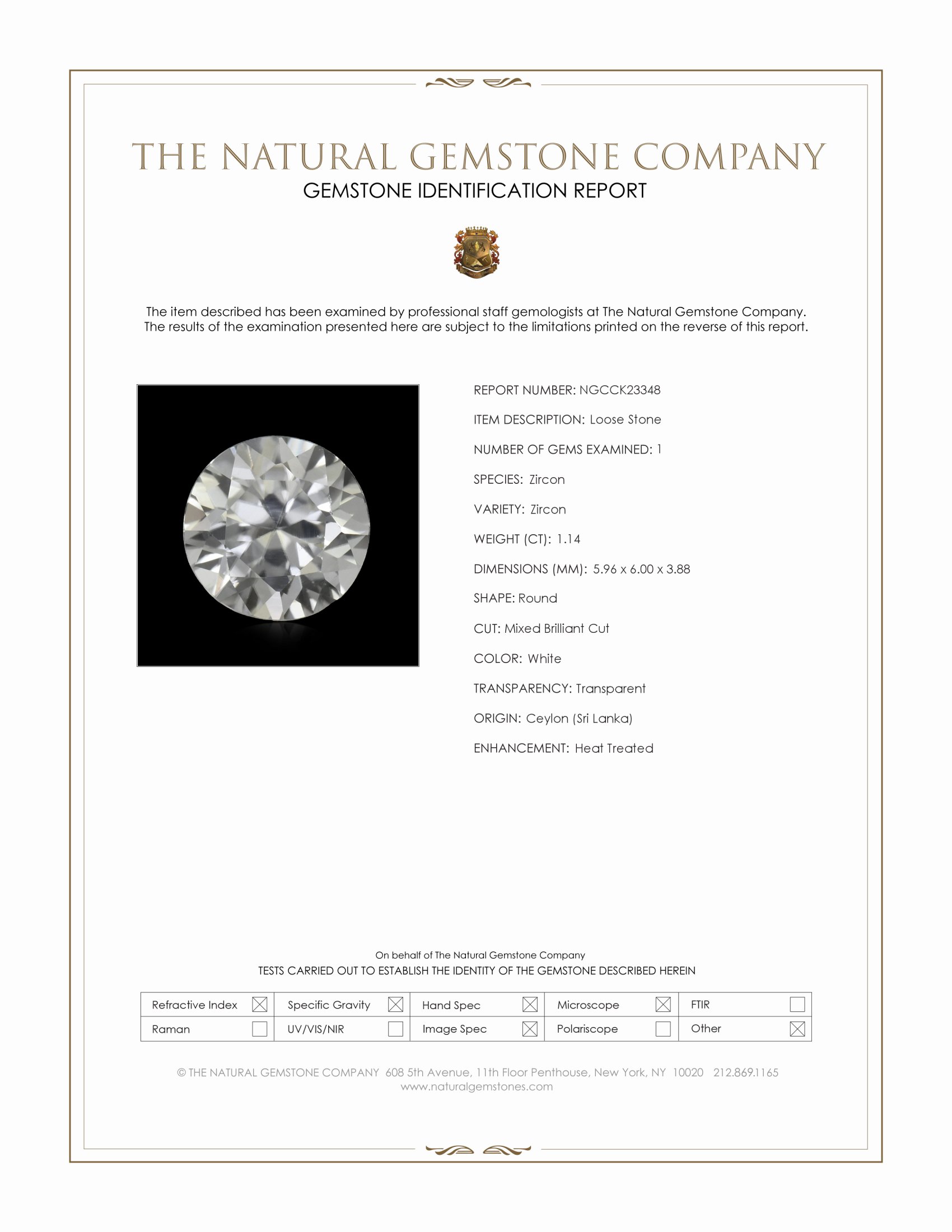 1.14 Ct. White Zircon from Ceylon (Sri Lanka)