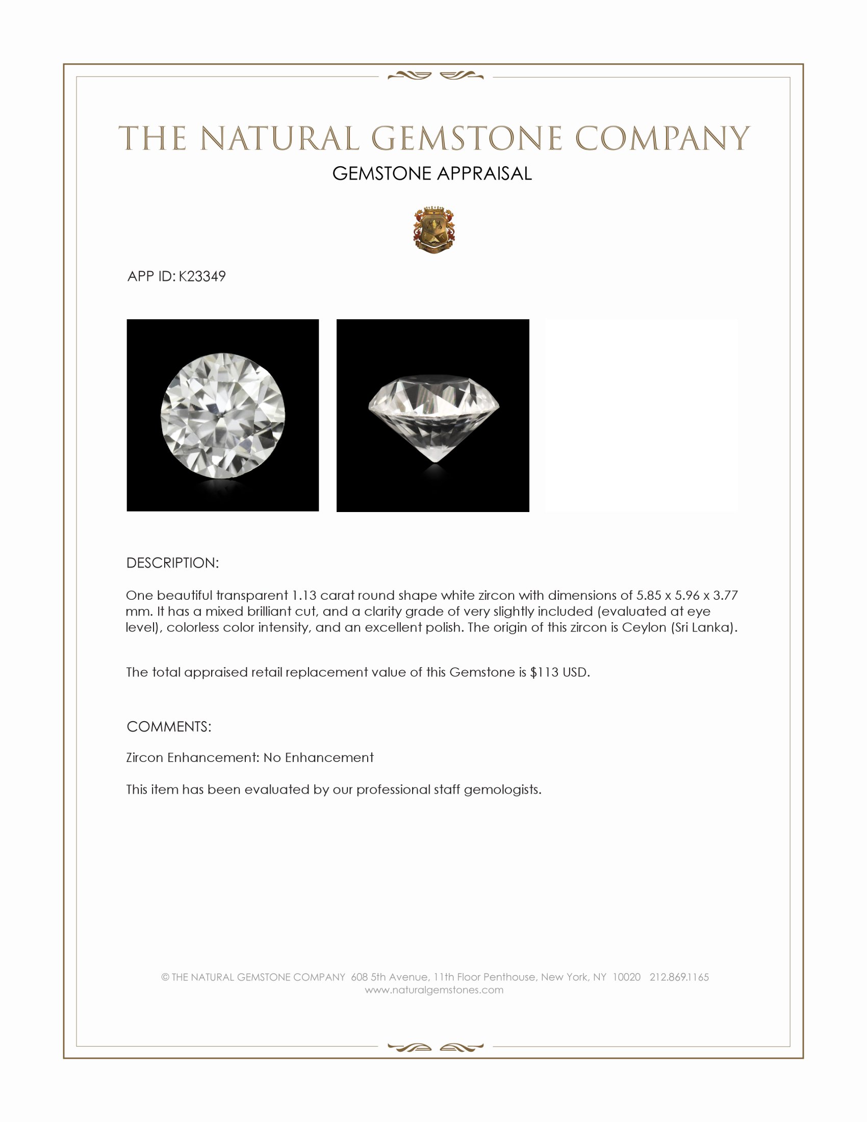 1.13 Ct. White Zircon from Ceylon (Sri Lanka)
