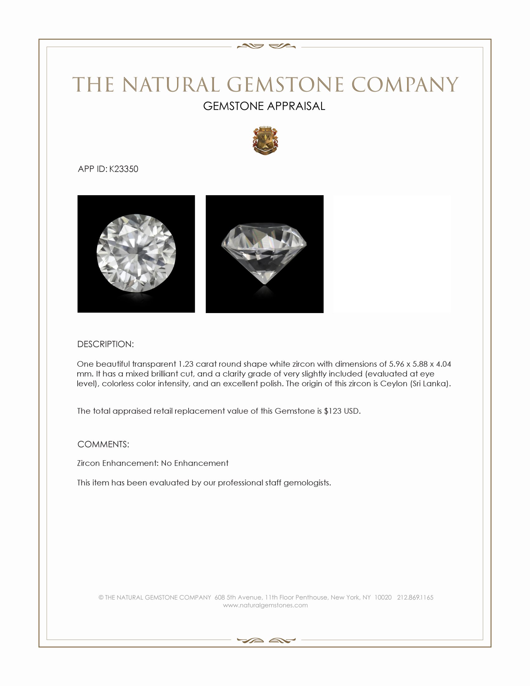 1.23 Ct. White Zircon from Ceylon (Sri Lanka)