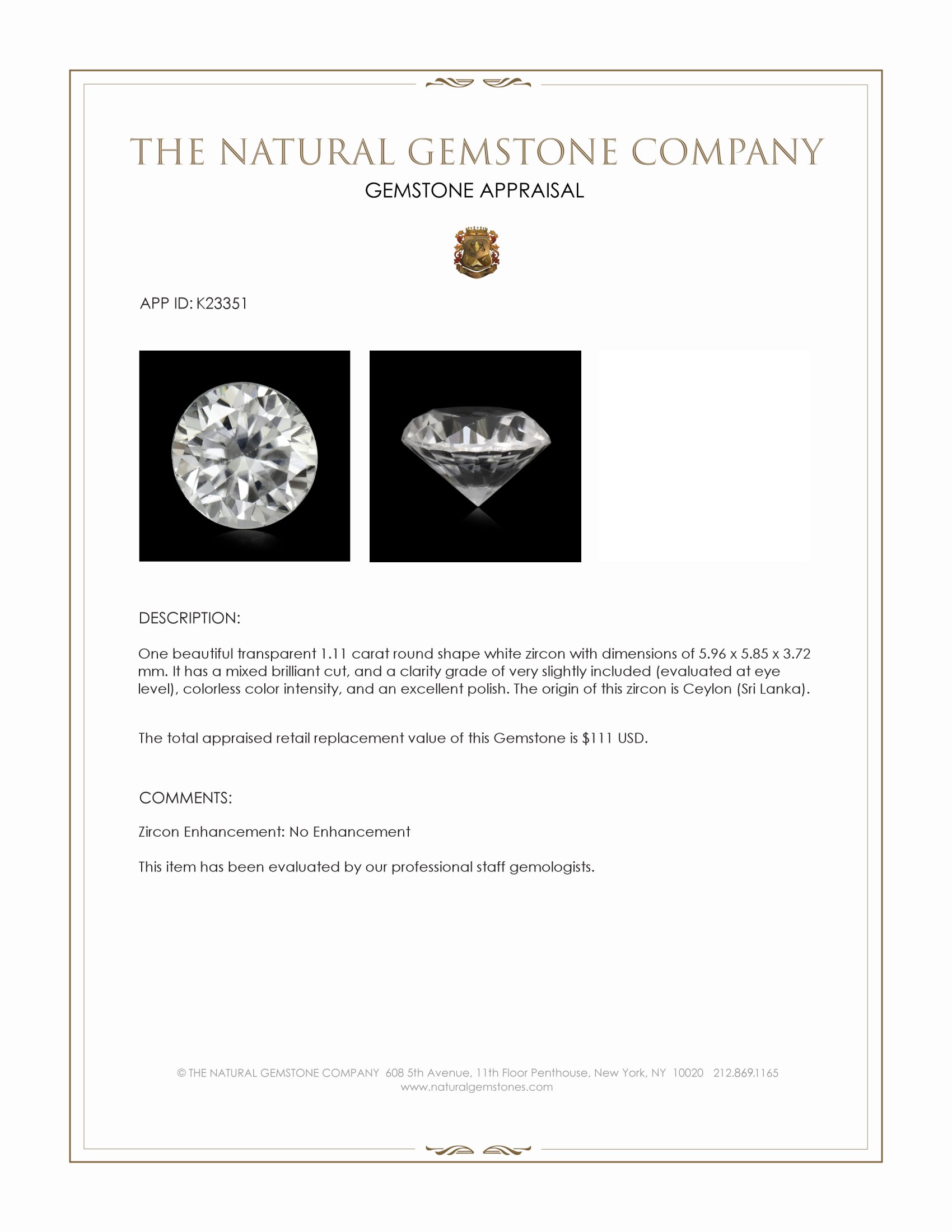 1.11 Ct. White Zircon from Ceylon (Sri Lanka)