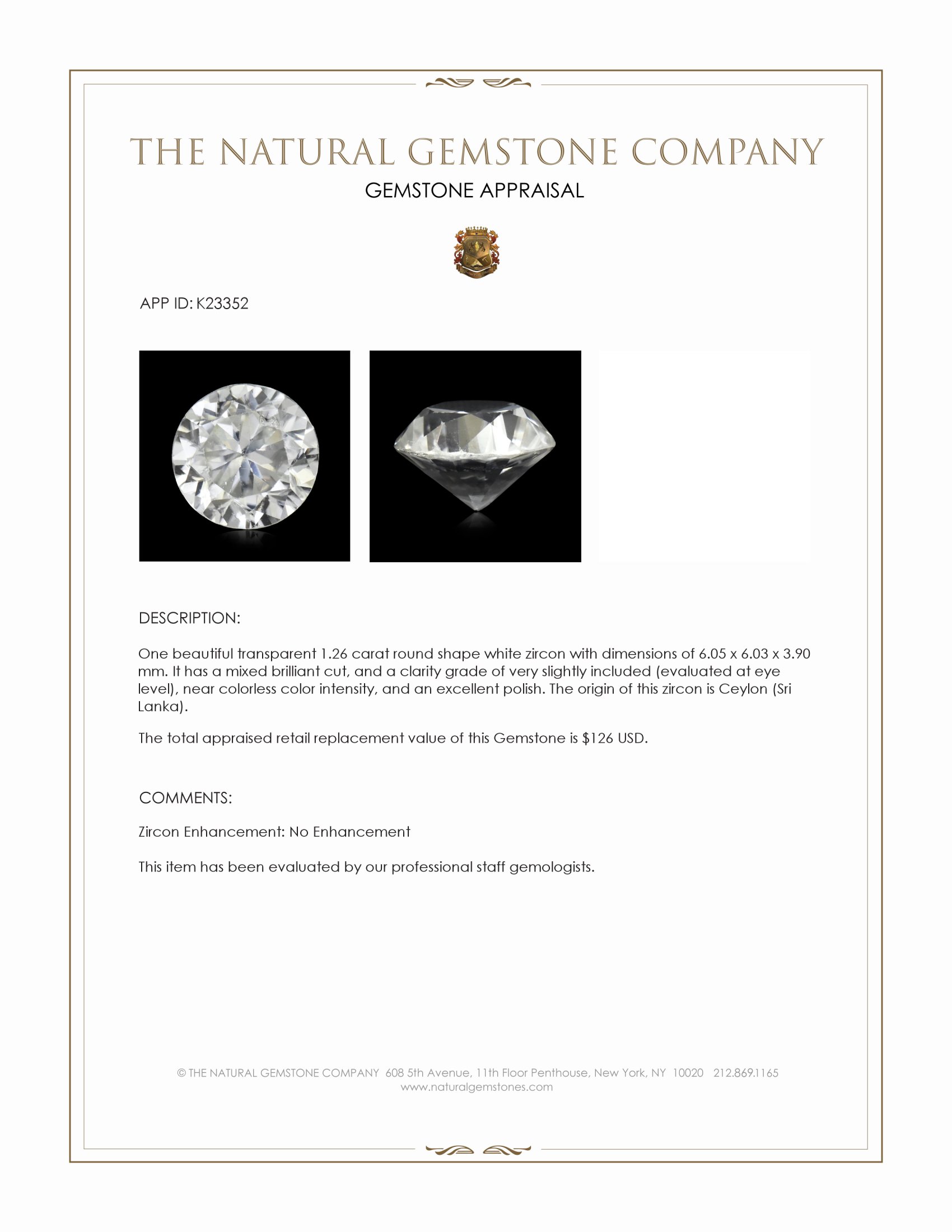 1.26 Ct. White Zircon from Ceylon (Sri Lanka)