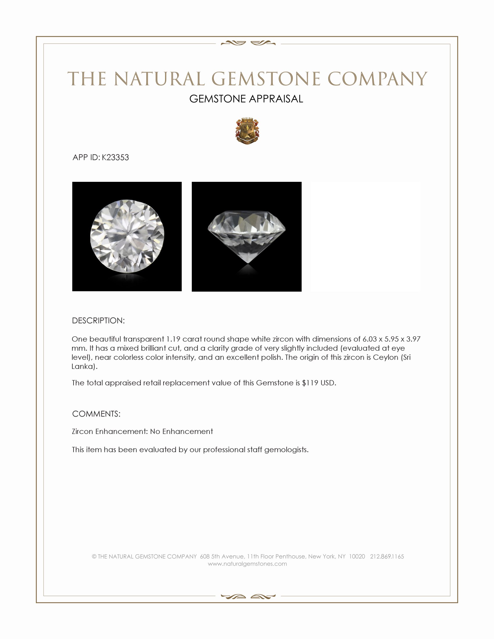 1.19 Ct. White Zircon from Ceylon (Sri Lanka)