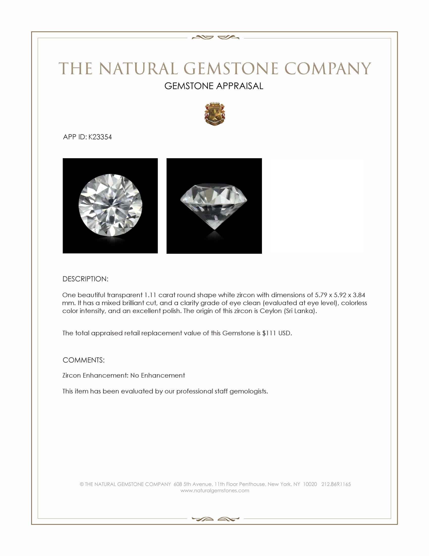 1.11 Ct. White Zircon from Ceylon (Sri Lanka)