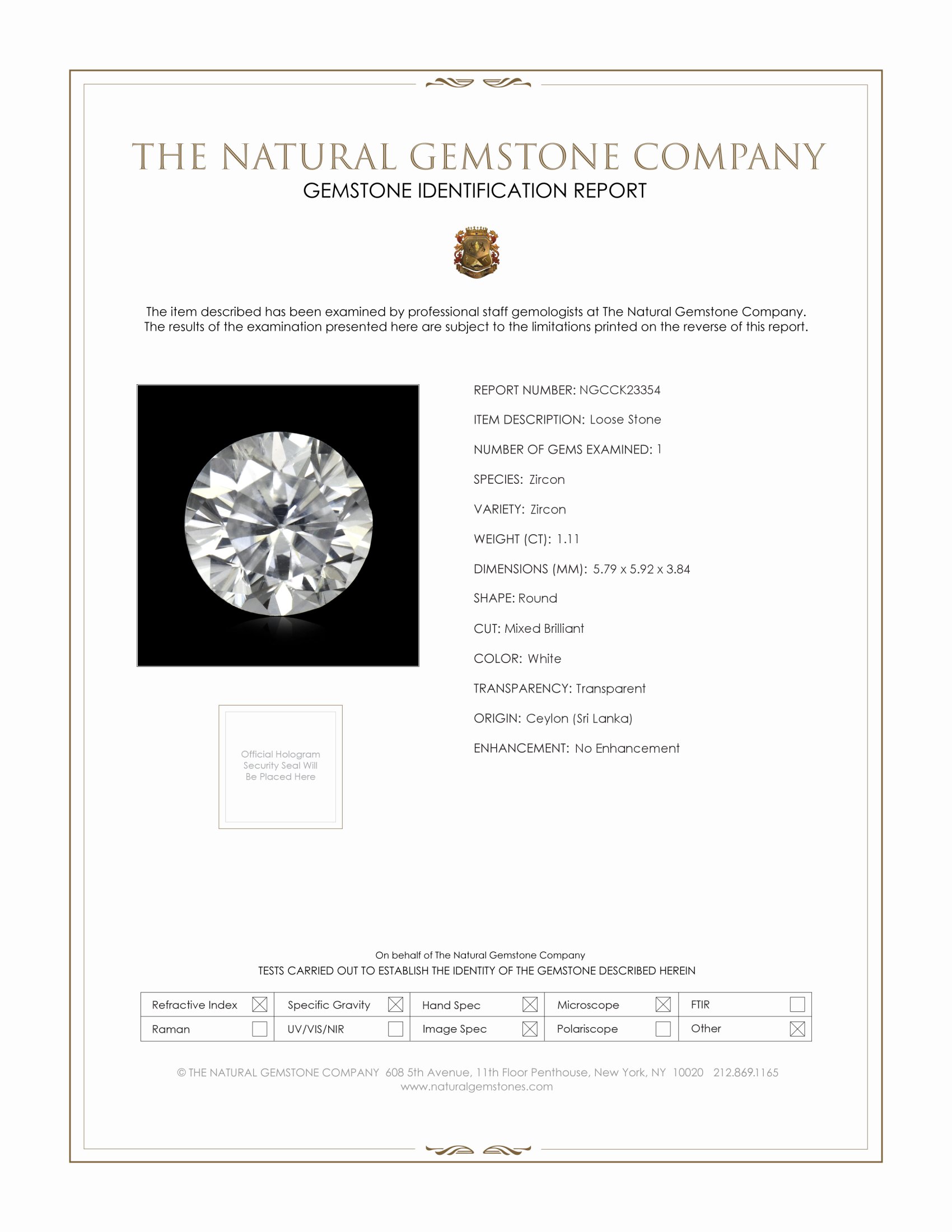 1.11 Ct. White Zircon from Ceylon (Sri Lanka)