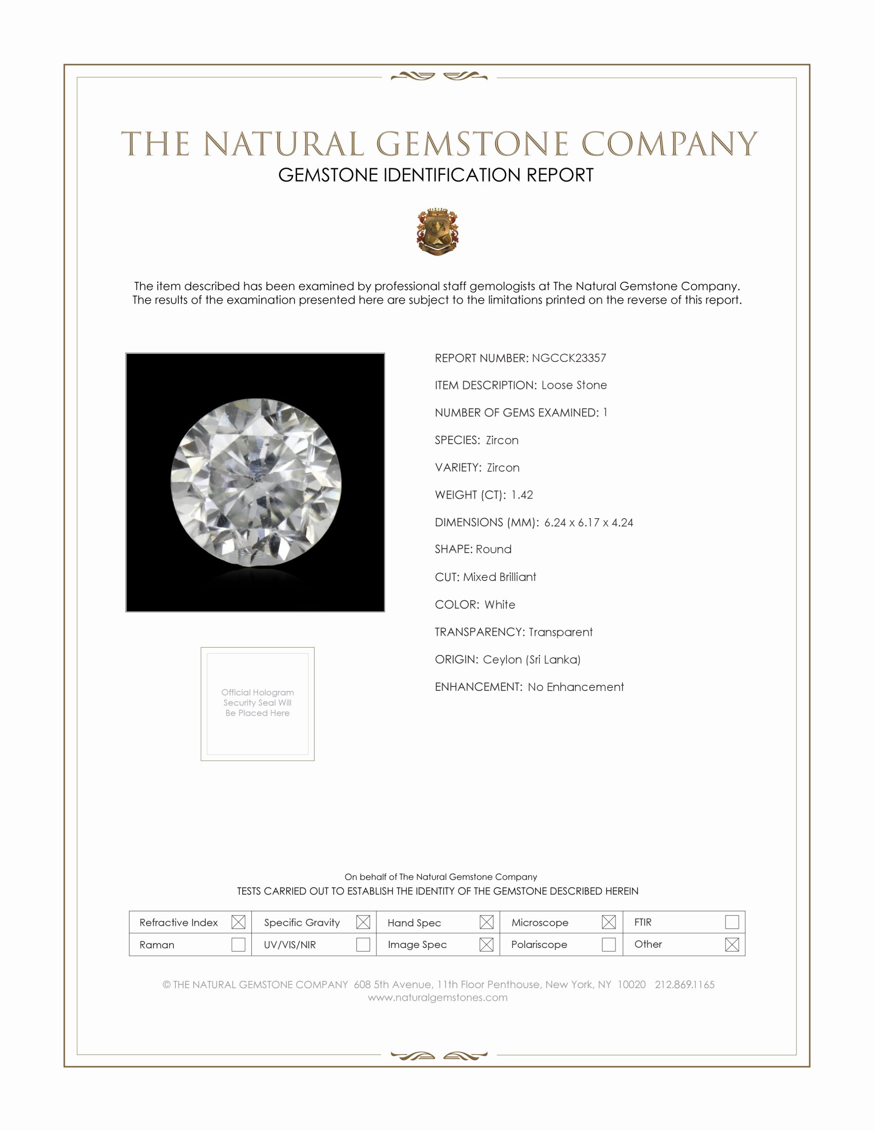 1.42 Ct. White Zircon from Ceylon (Sri Lanka)