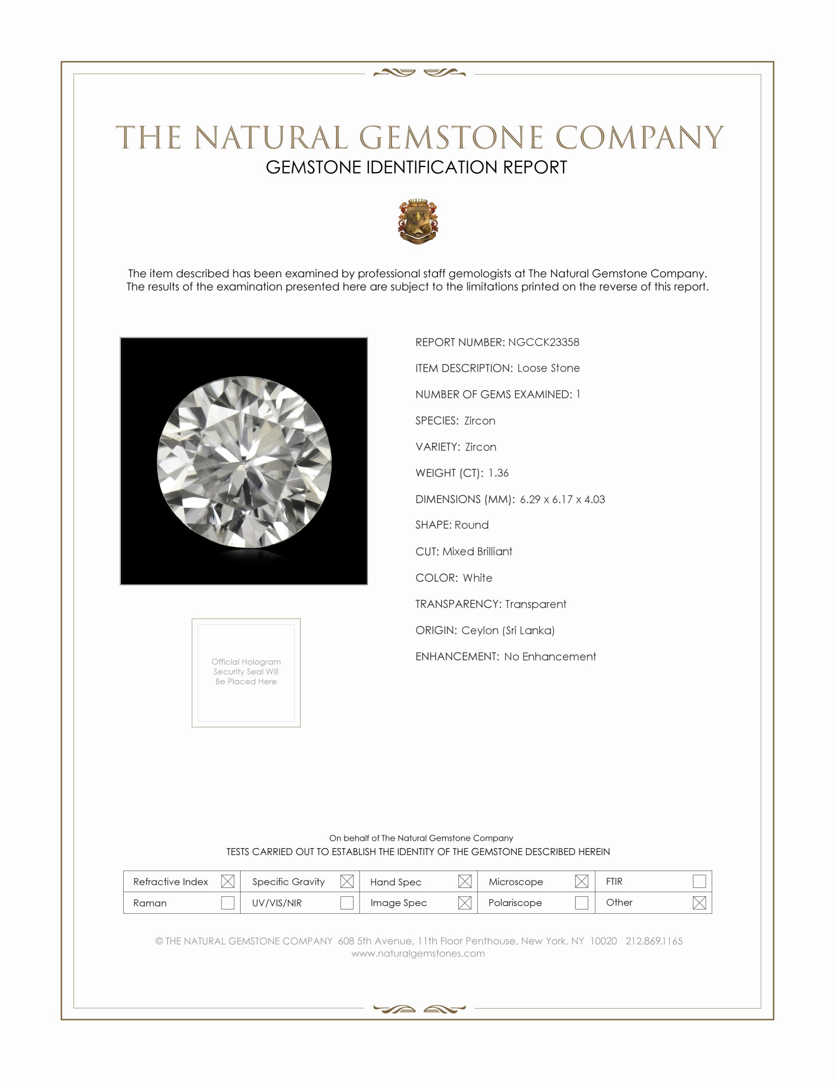 1.36 Ct. White Zircon from Ceylon (Sri Lanka)