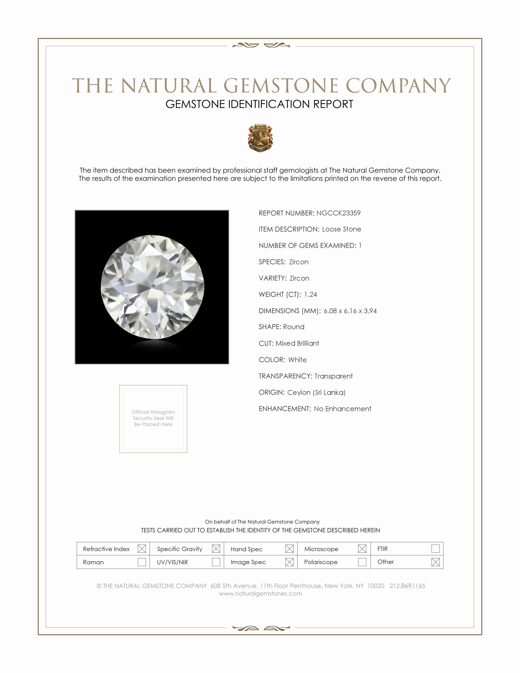 1.24 Ct. White Zircon from Ceylon (Sri Lanka)