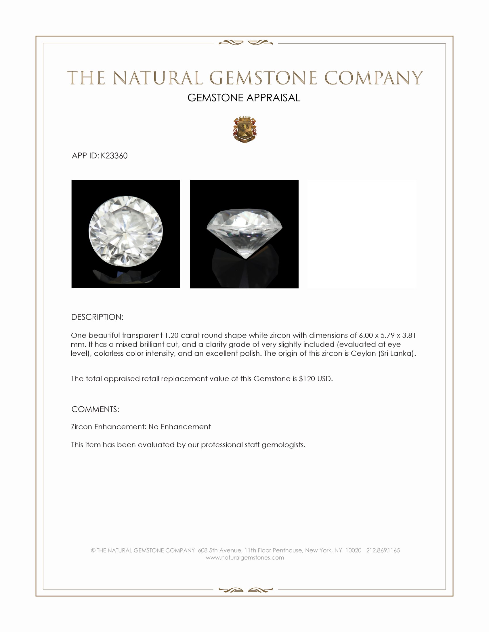 1.20 Ct. White Zircon from Ceylon (Sri Lanka)