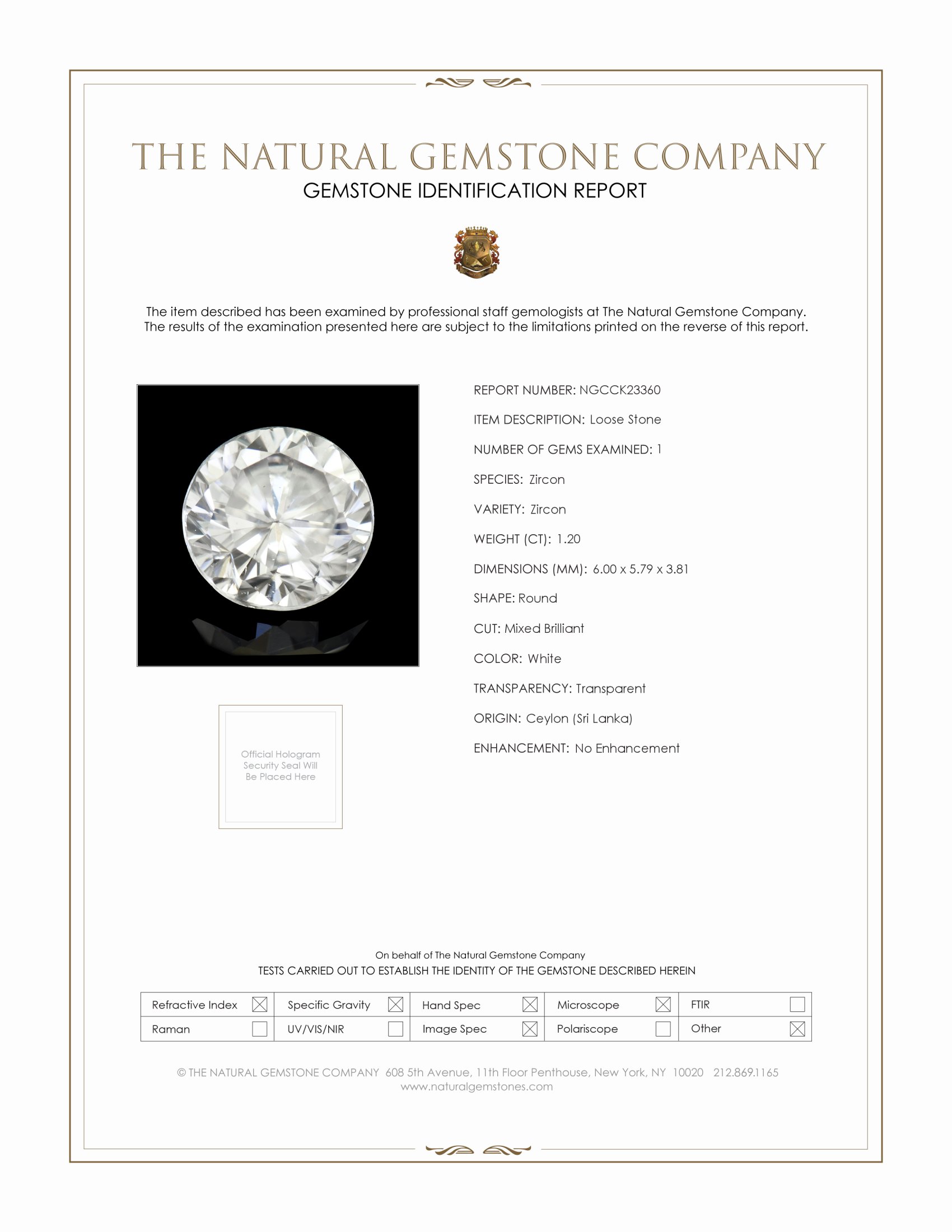 1.20 Ct. White Zircon from Ceylon (Sri Lanka)