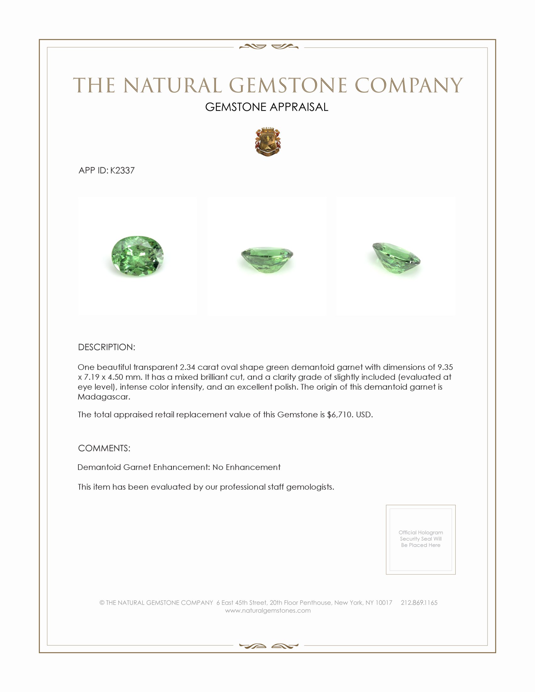 2.34 Ct. Demantoid Garnet from Madagascar