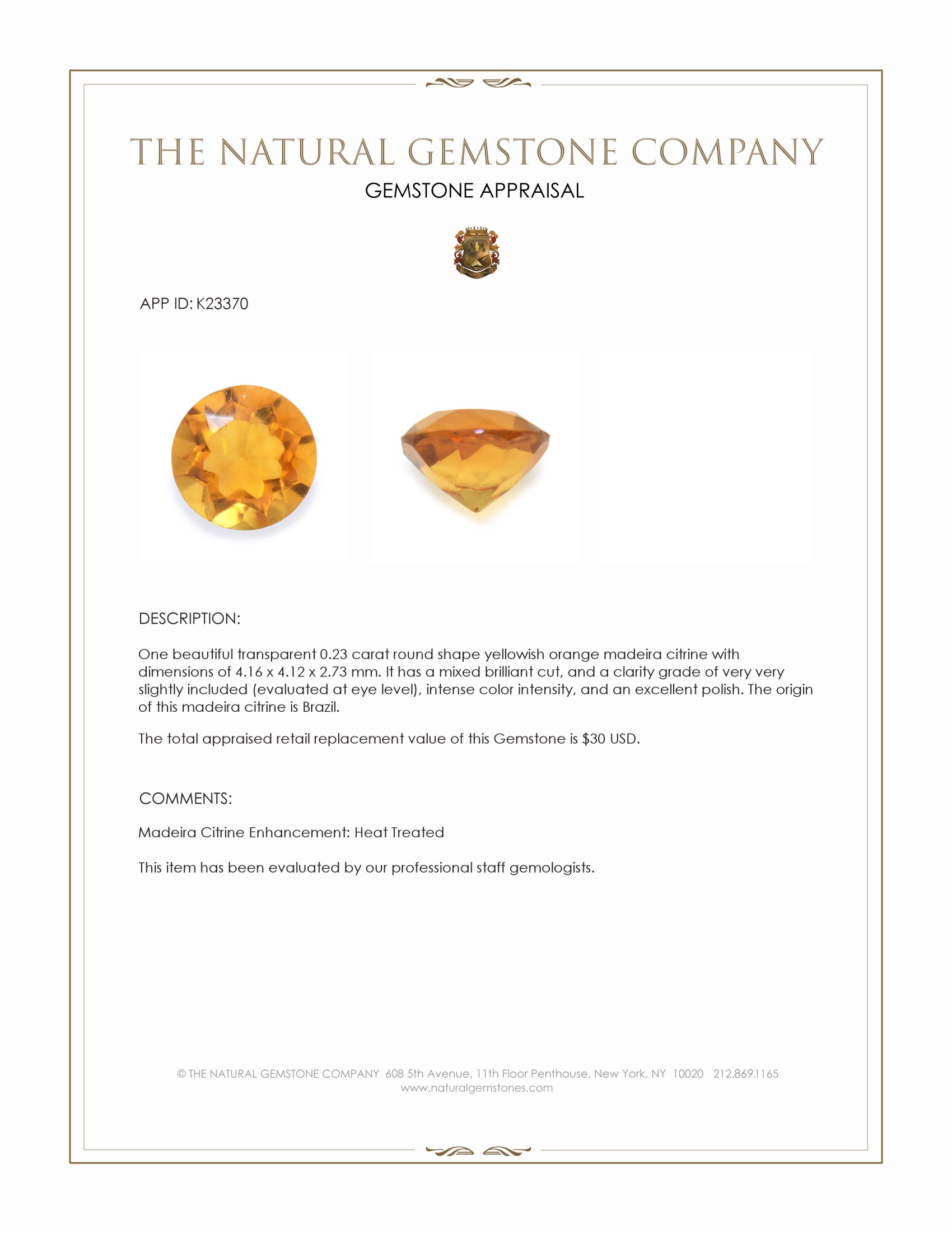 0.23 Ct. Orangish Yellow Citrine from Brazil