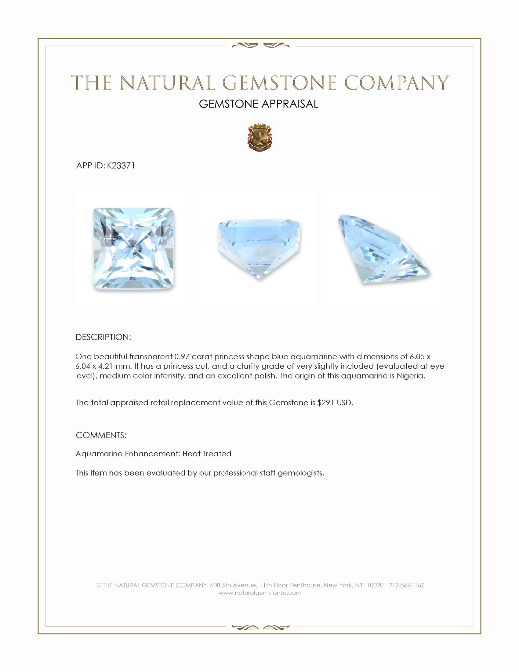 0.97 Ct. Blue Aquamarine from Nigeria