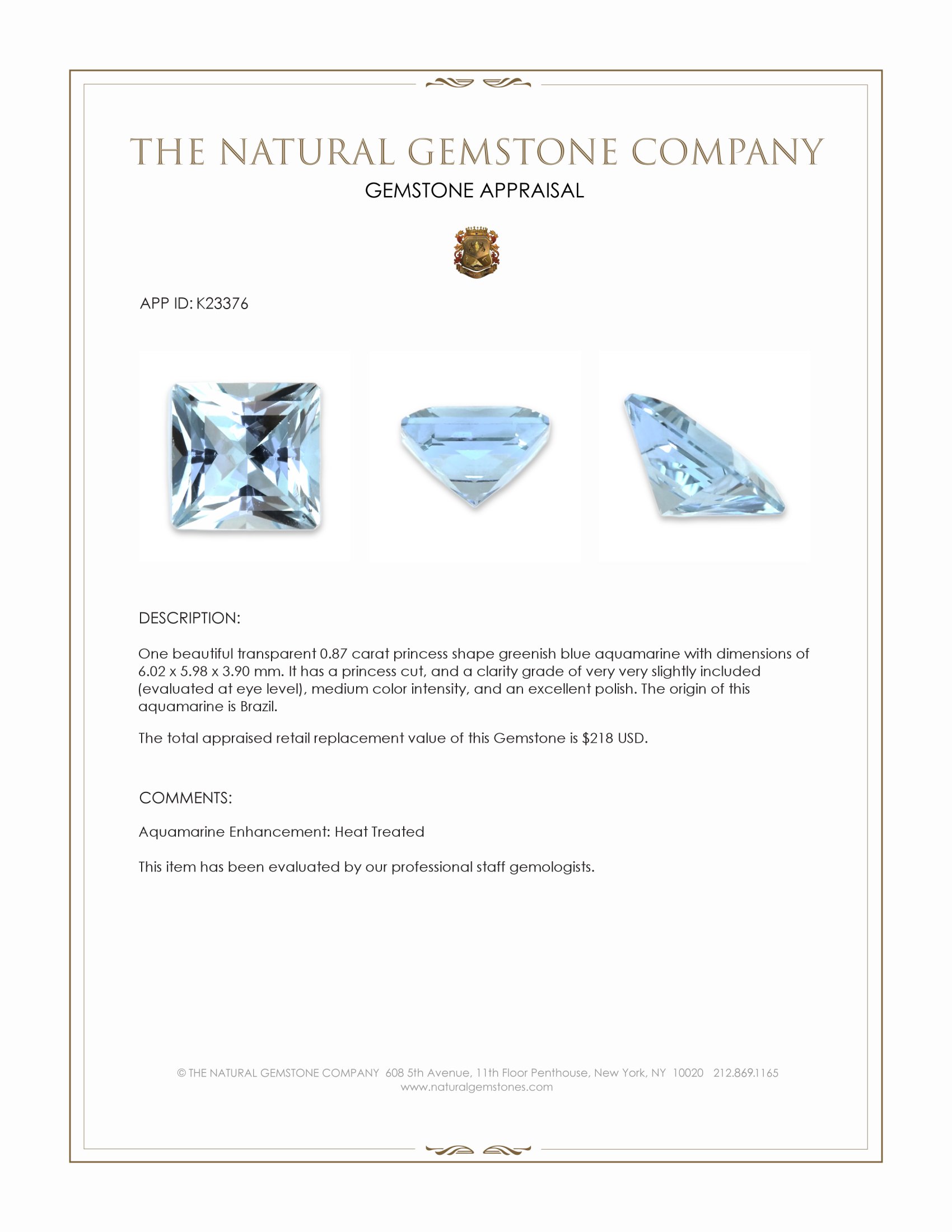 0.87 Ct. Greenish Blue Aquamarine from Brazil