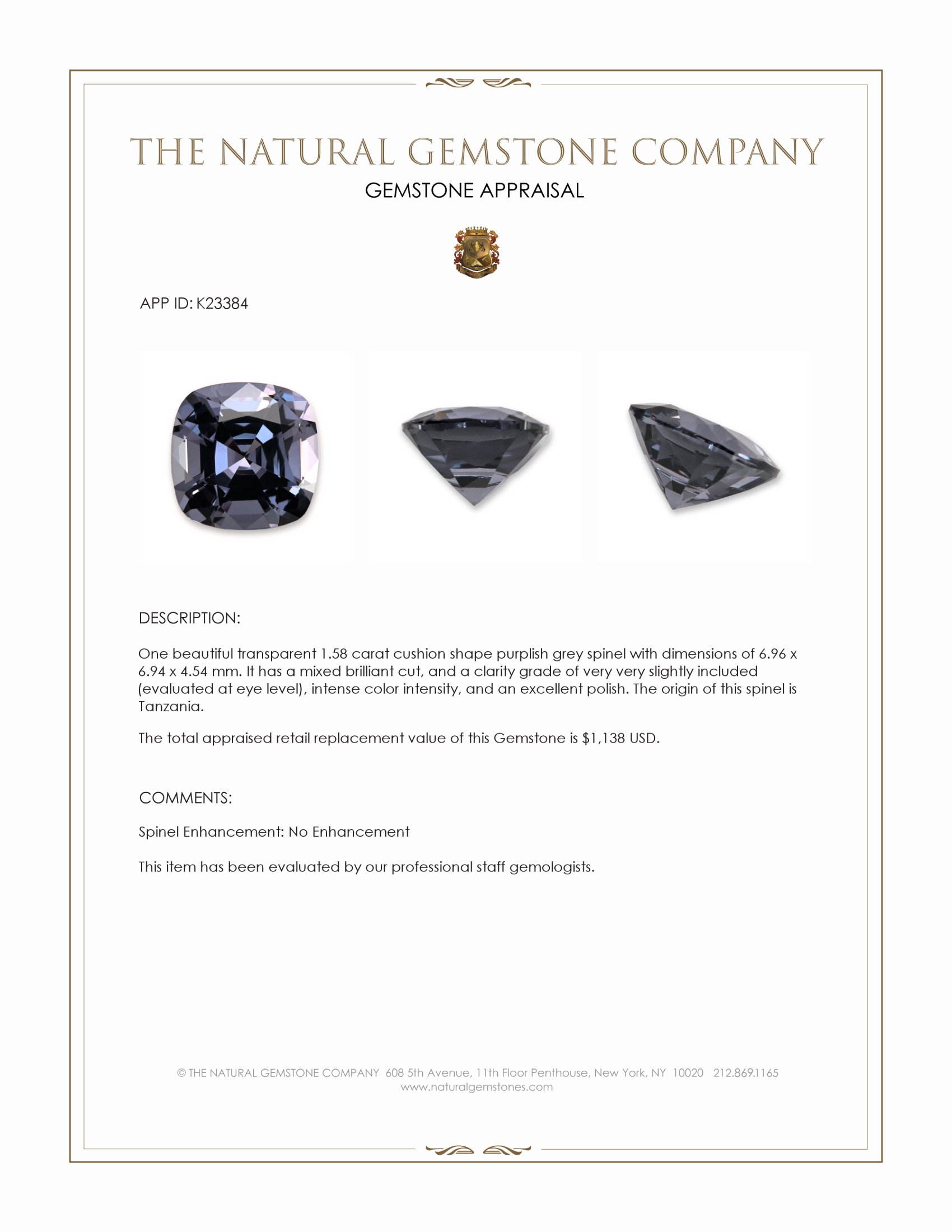 1.58 Ct. Purplish Grey Spinel from Tanzania