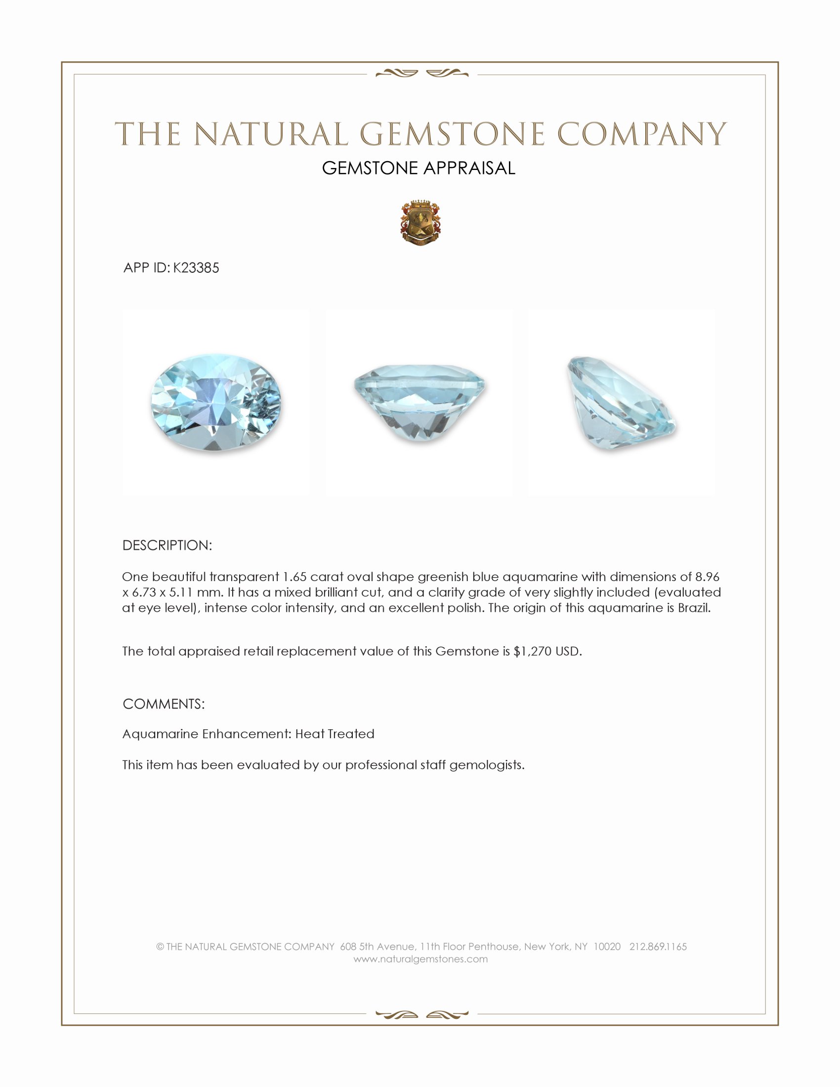1.65 Ct. Greenish Blue Aquamarine from Brazil