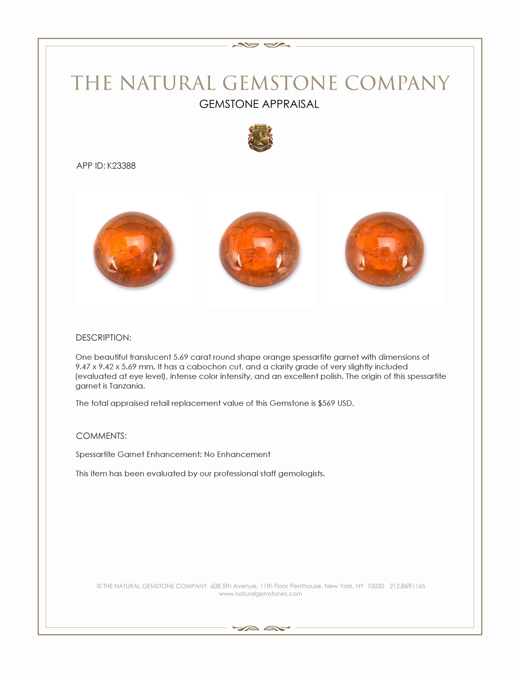 5.69 Ct. Orange Cabochon Spessartite Garnet from Tanzania