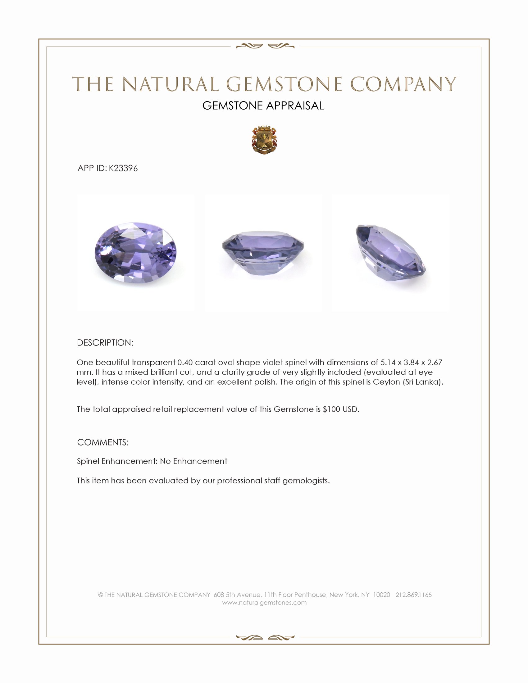 0.40 Ct. Violet Spinel from Ceylon (Sri Lanka)