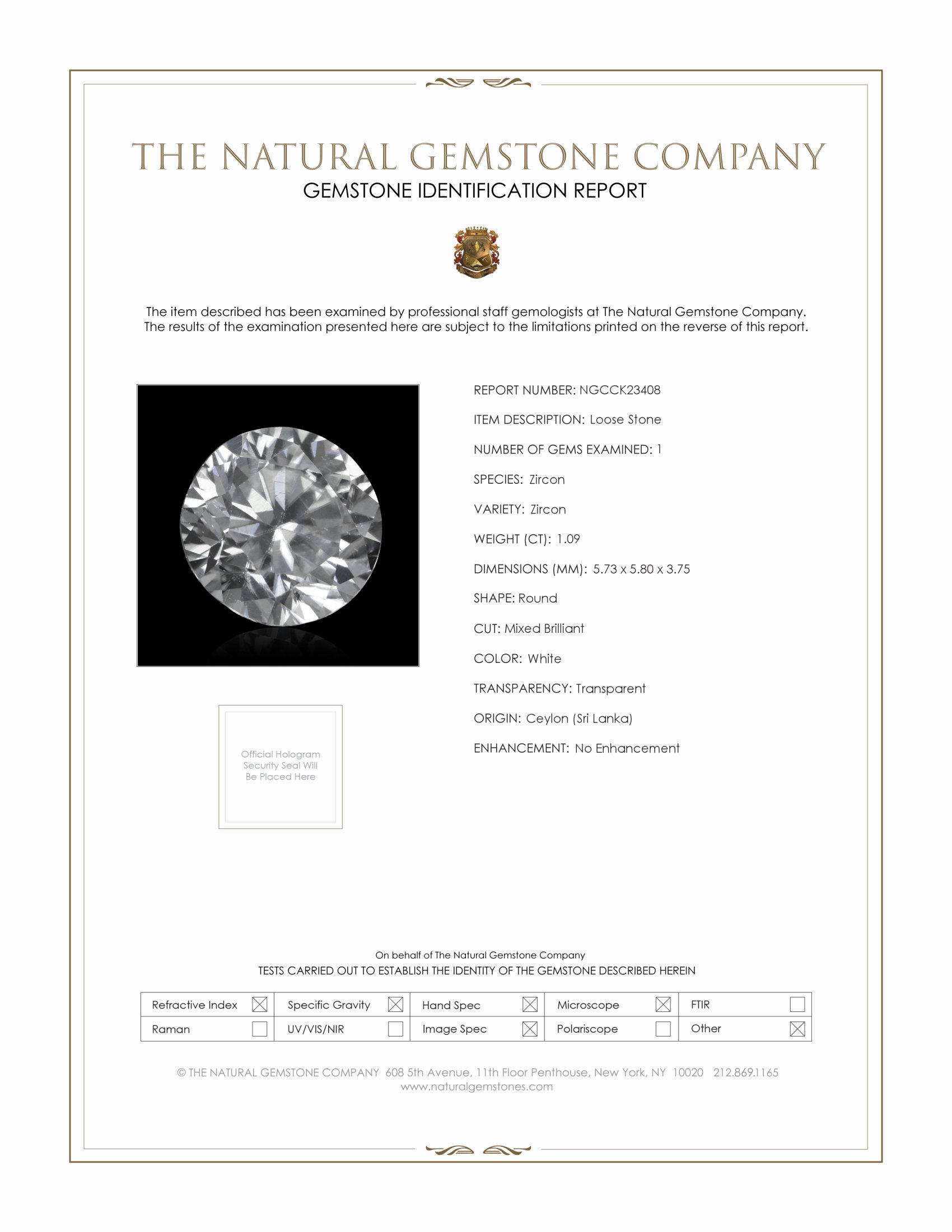 1.09 Ct. White Zircon from Ceylon (Sri Lanka)