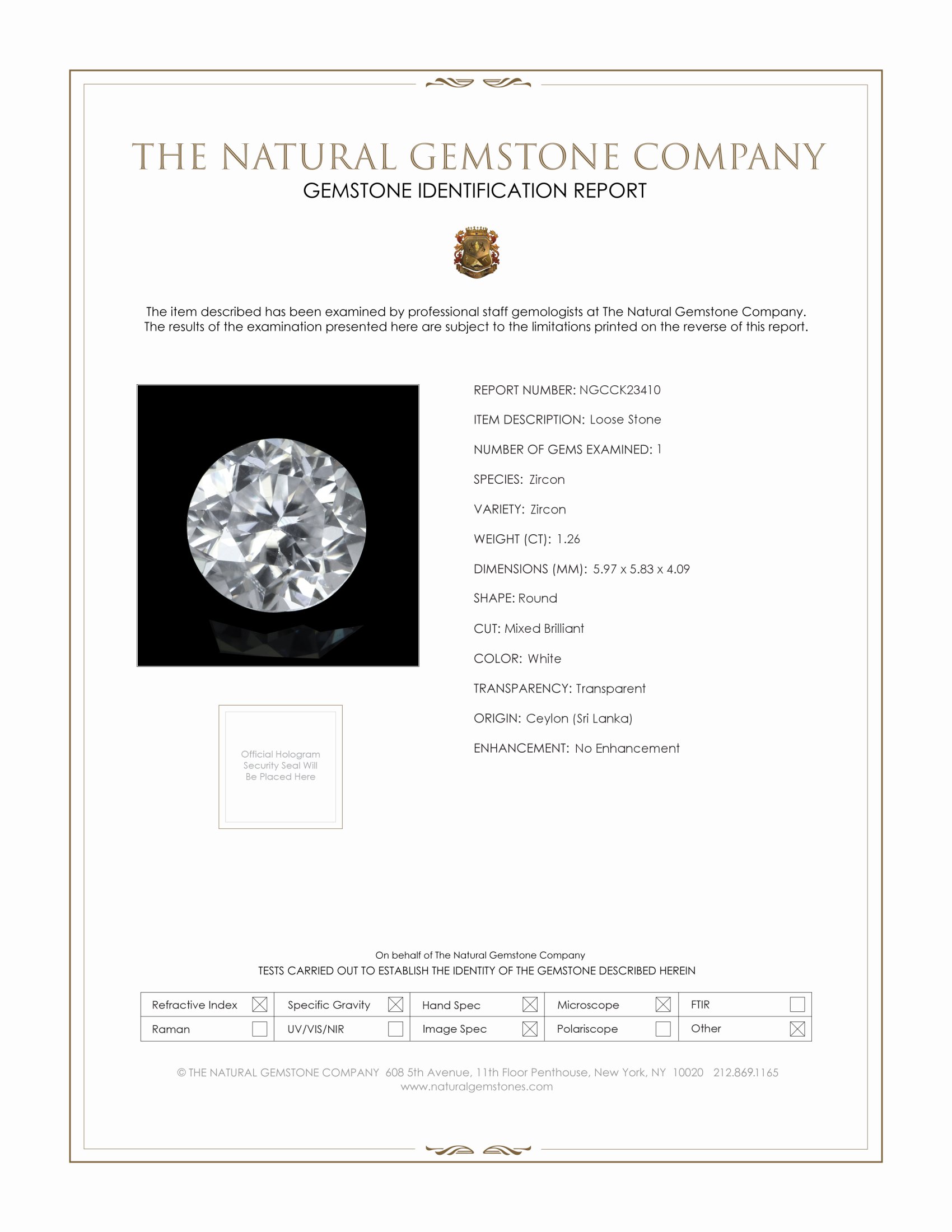 1.26 Ct. White Zircon from Ceylon (Sri Lanka)