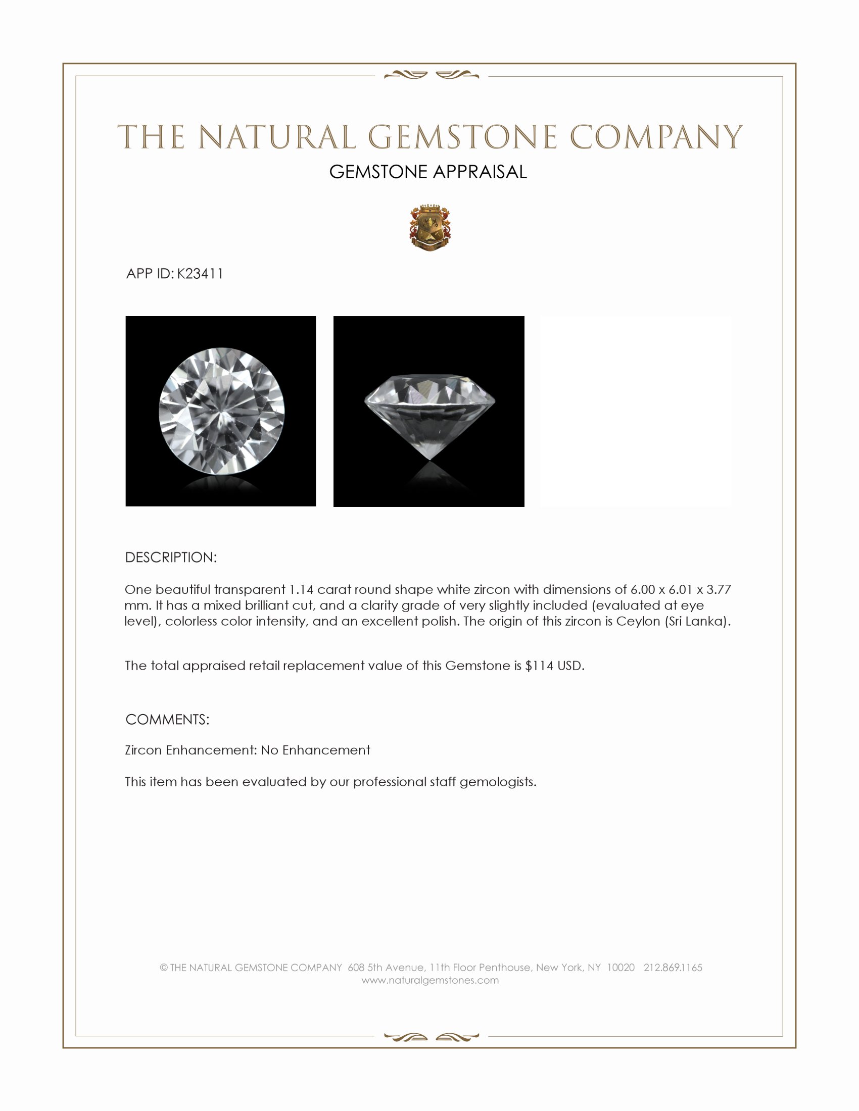 1.14 Ct. White Zircon from Ceylon (Sri Lanka)