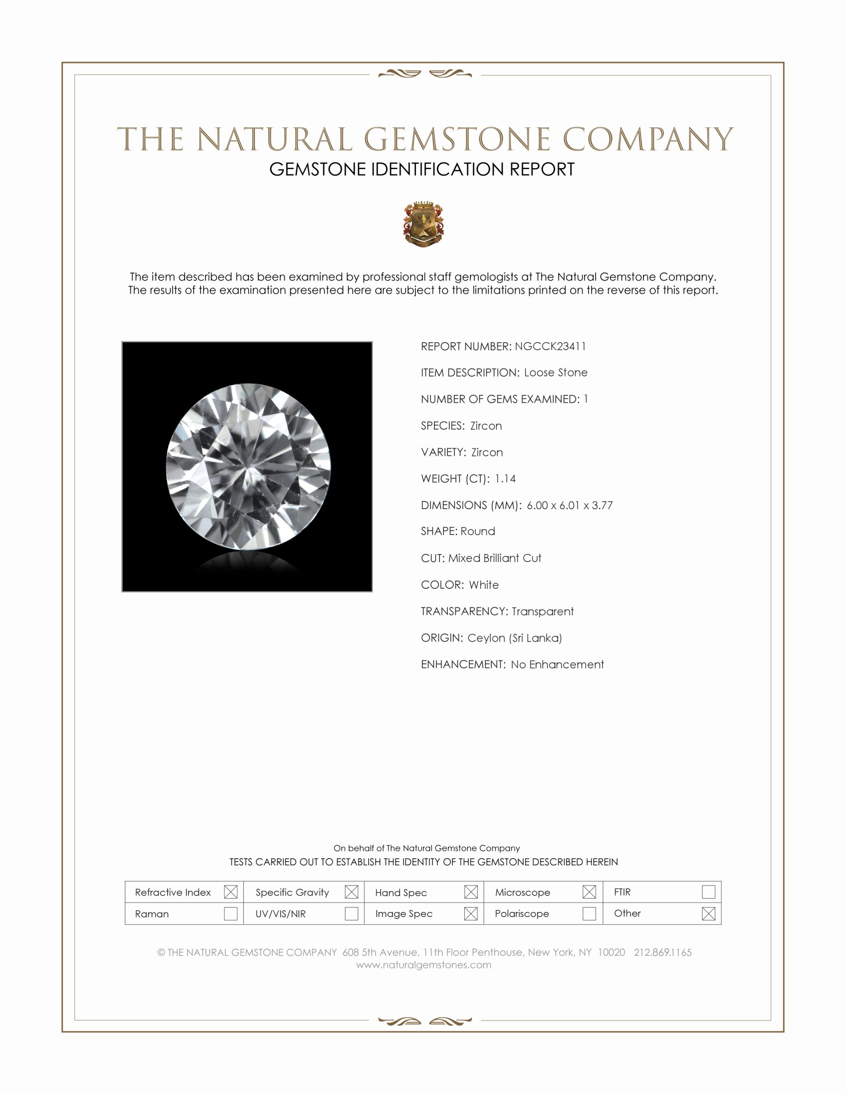 1.14 Ct. White Zircon from Ceylon (Sri Lanka)