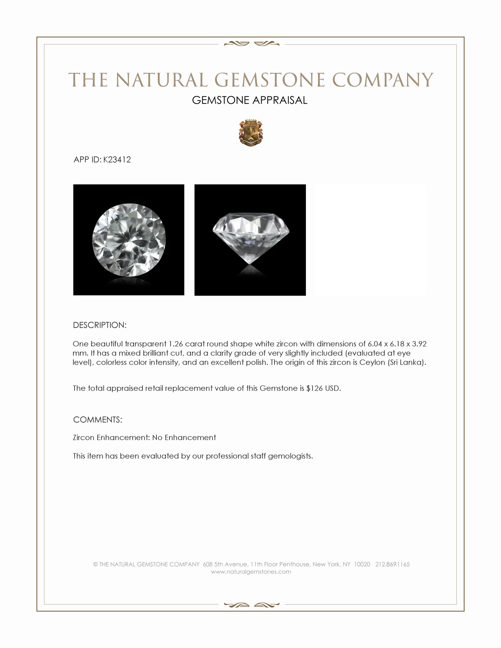 1.26 Ct. White Zircon from Ceylon (Sri Lanka)